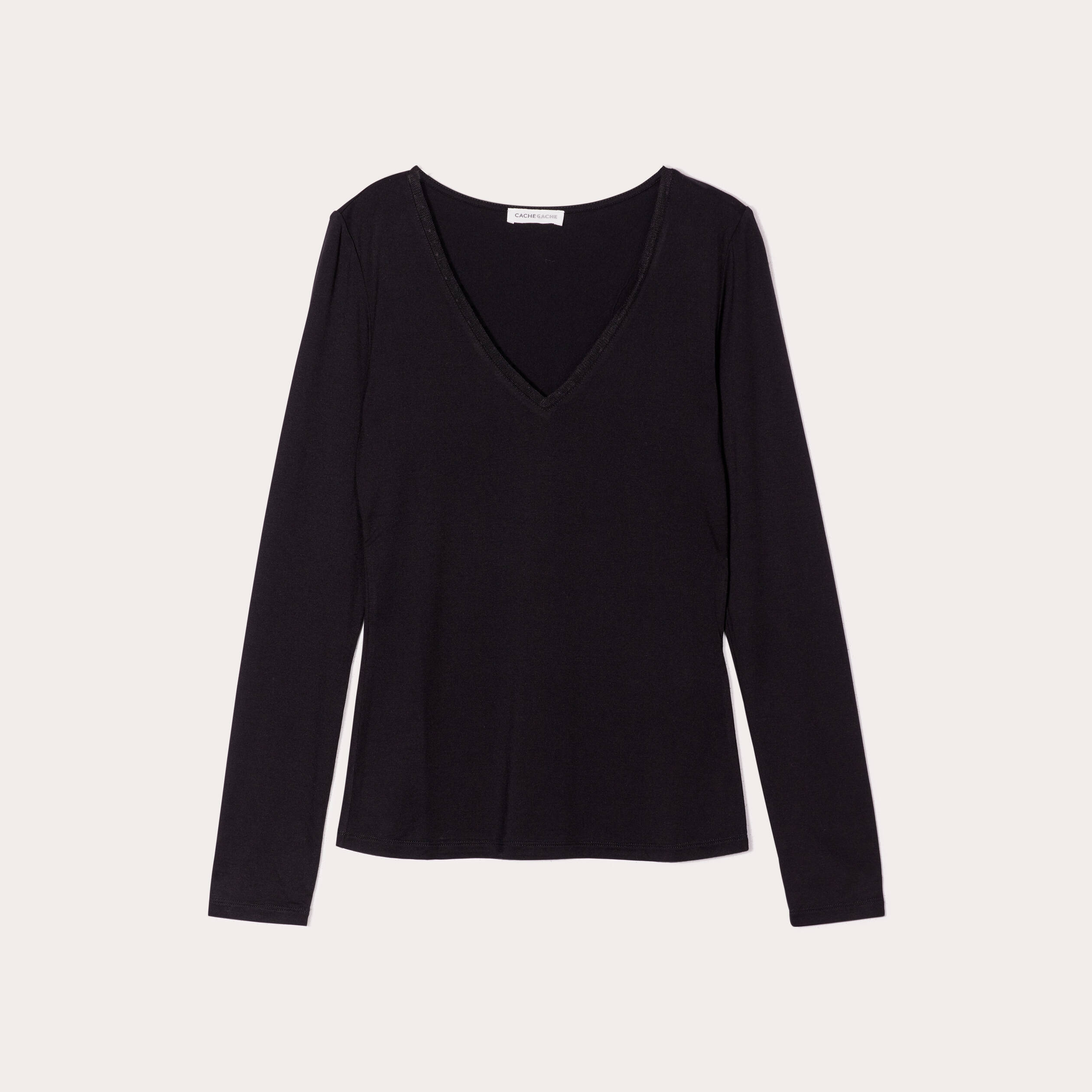 T-shirt thermique col en V plumetis noir femme