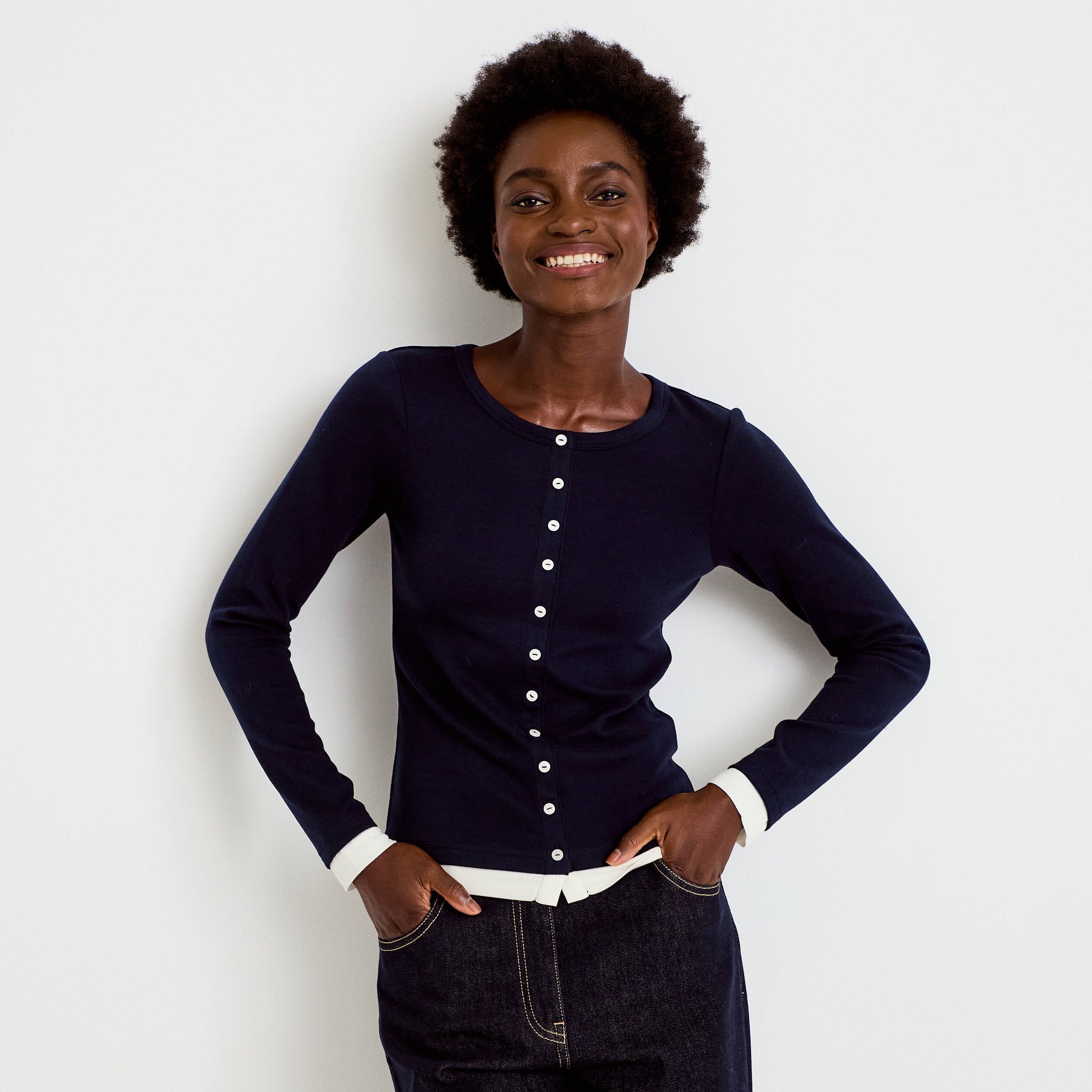 Top col rond manches longues bleu marine femme