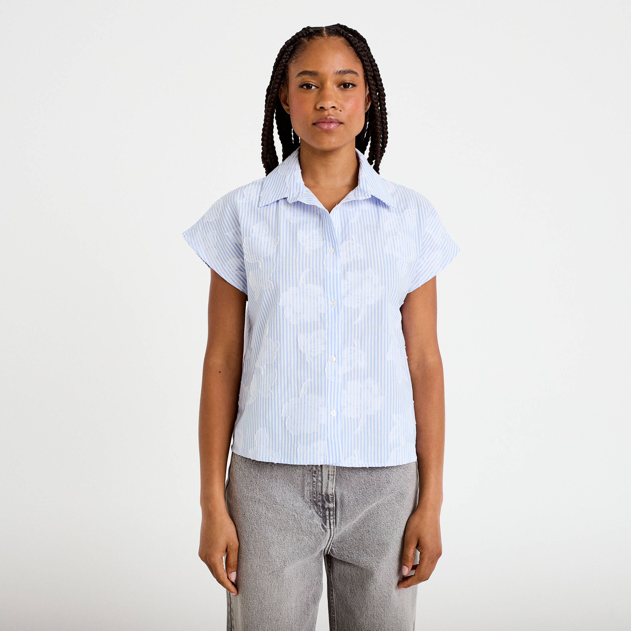 Chemise sans manches col am&eacute;ricain bleu ciel femme