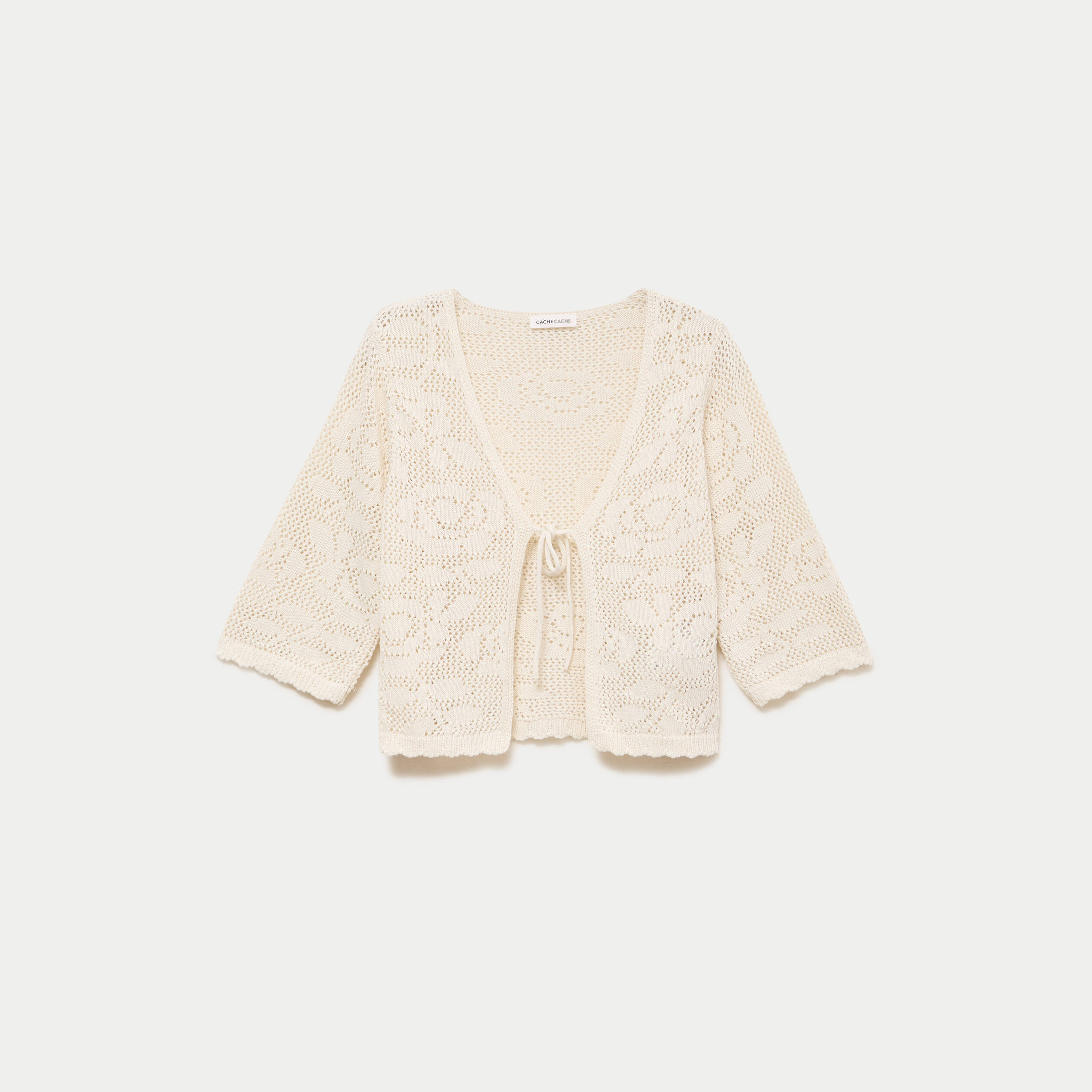 Gilet col v manches 3/4 aspect dentelle ecru femme