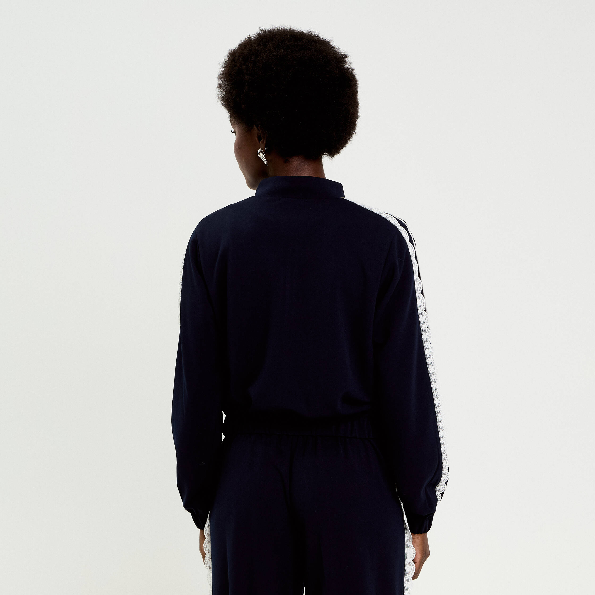Veste zipp&eacute;e d&eacute;tail dentelle bleu marine femme