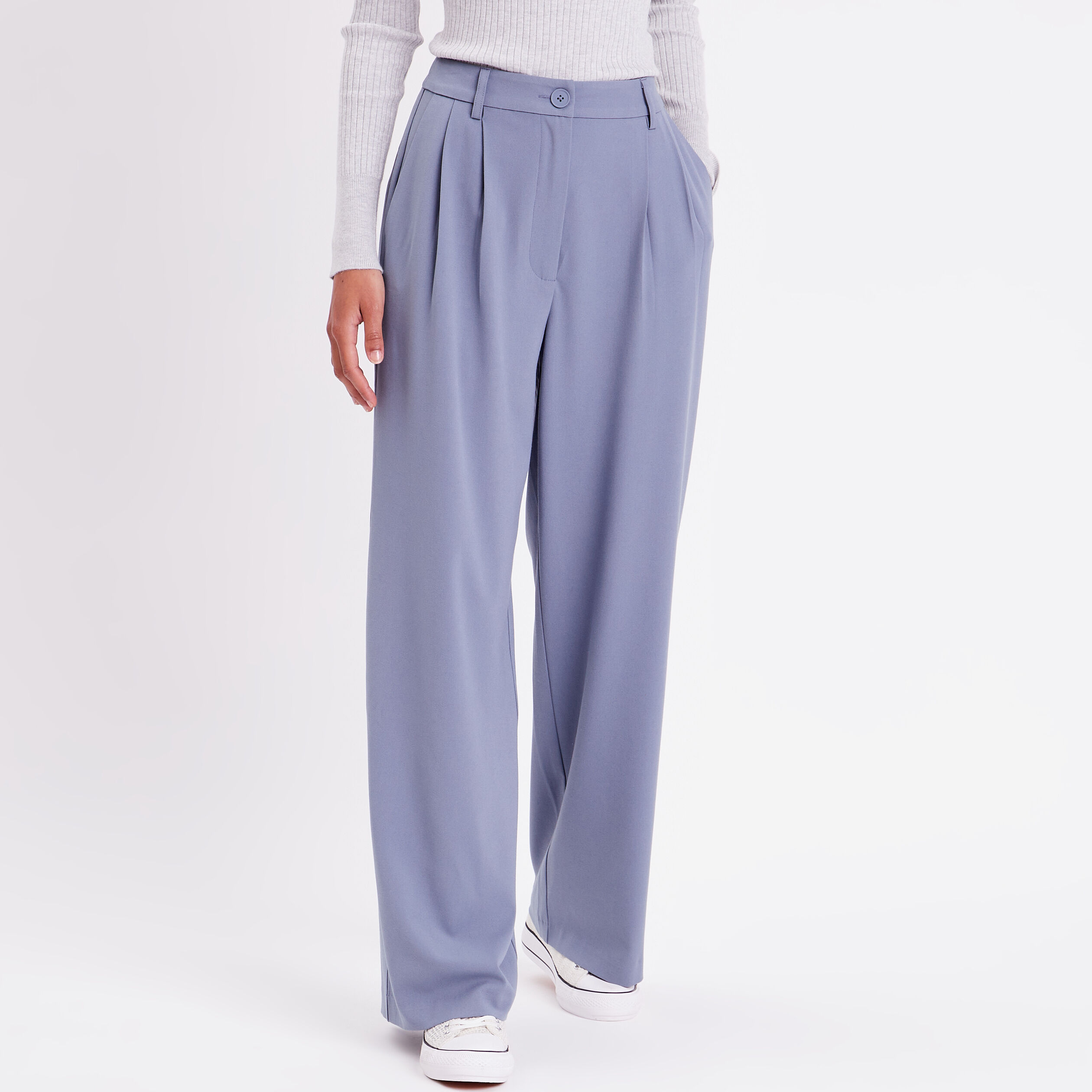 Pantalon large &agrave; pinces bleu gris femme