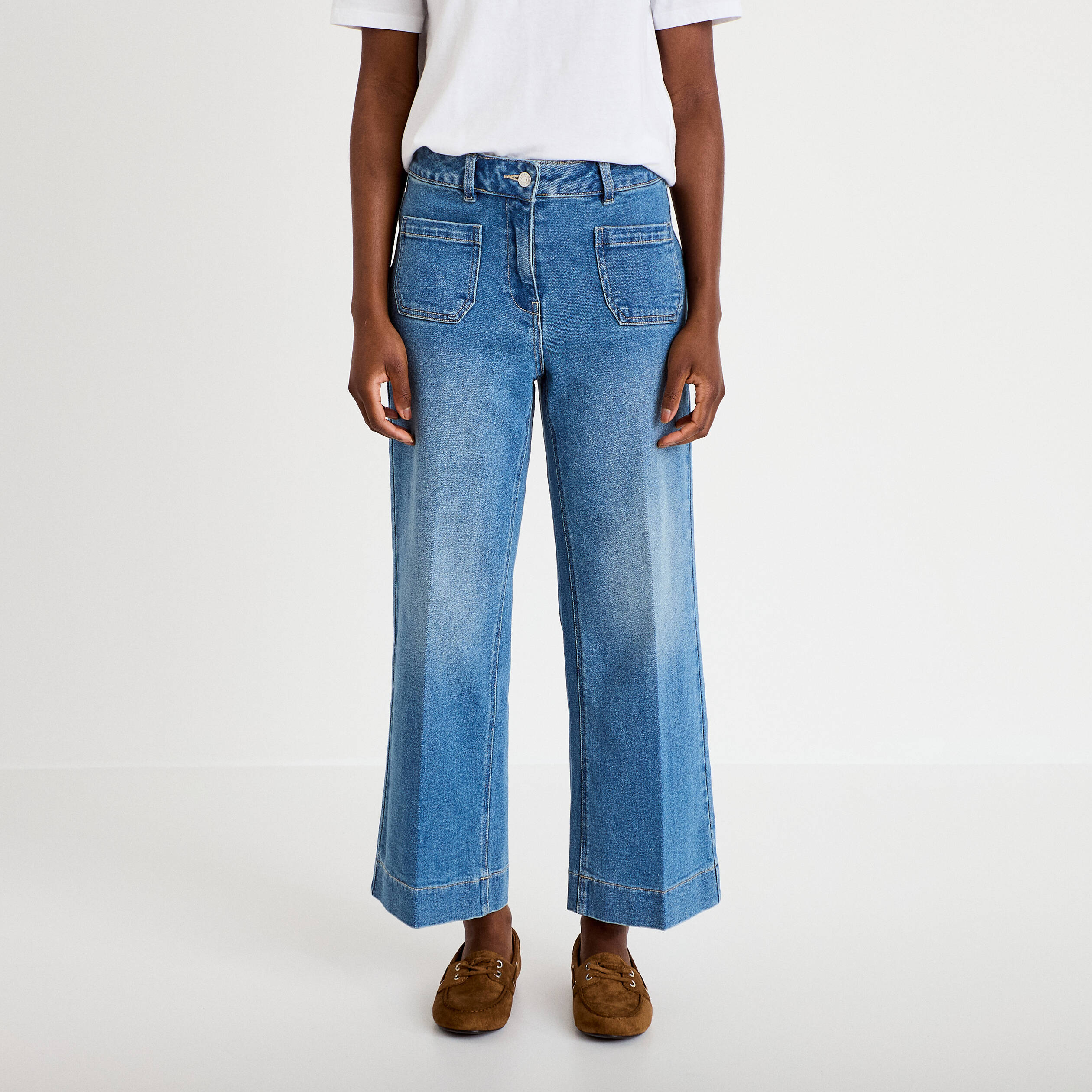 Jean wide leg cropped taille haute denim double stone femme
