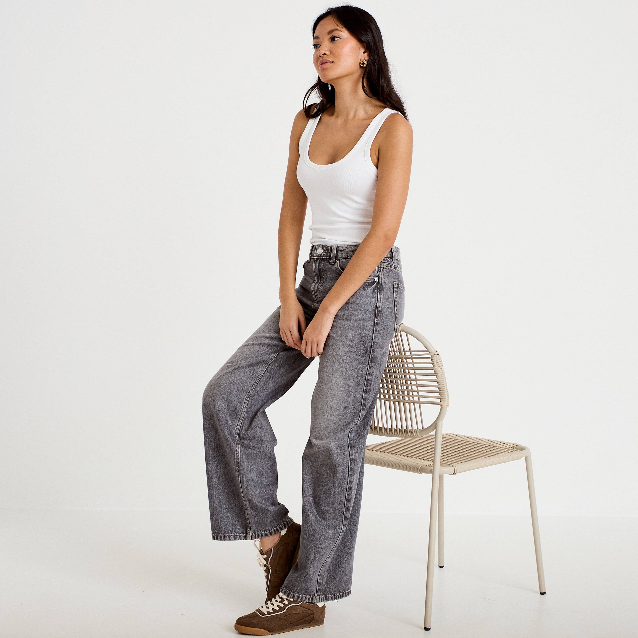 Jean wide leg taille basse denim gris femme