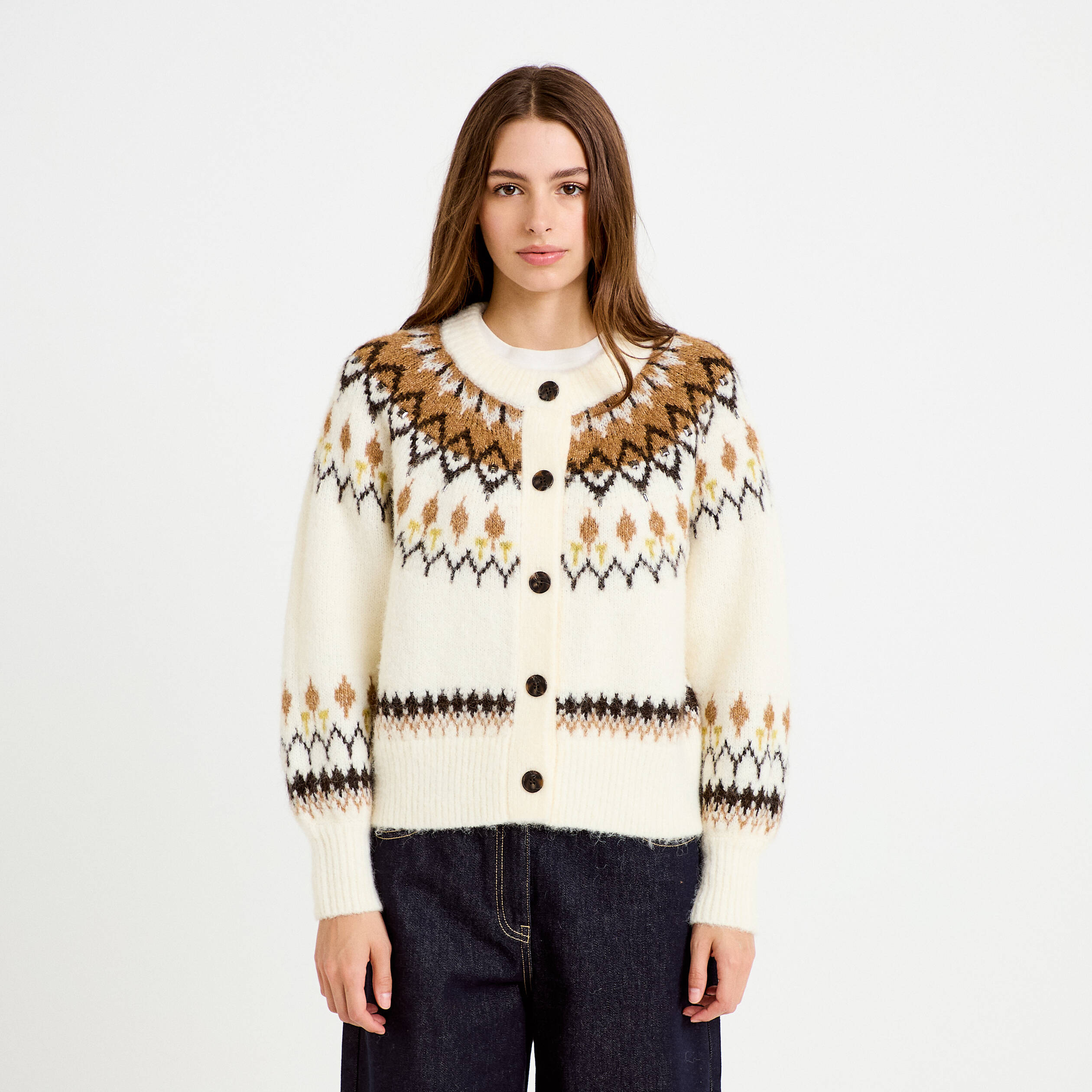 Gilet col rond manches longues ivoire femme