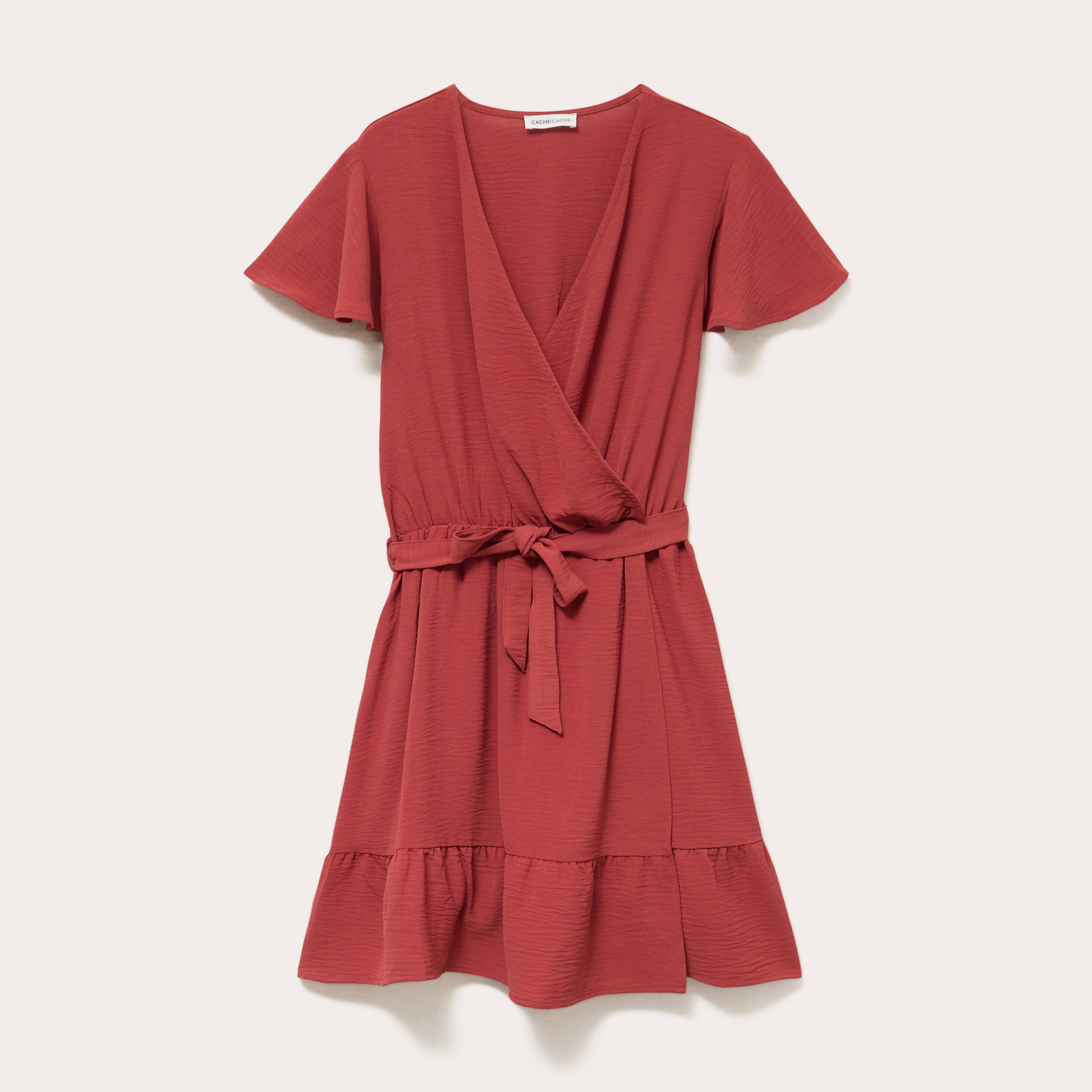 Robe courte &eacute;vas&eacute;e col v manches courtes vieux rose femme