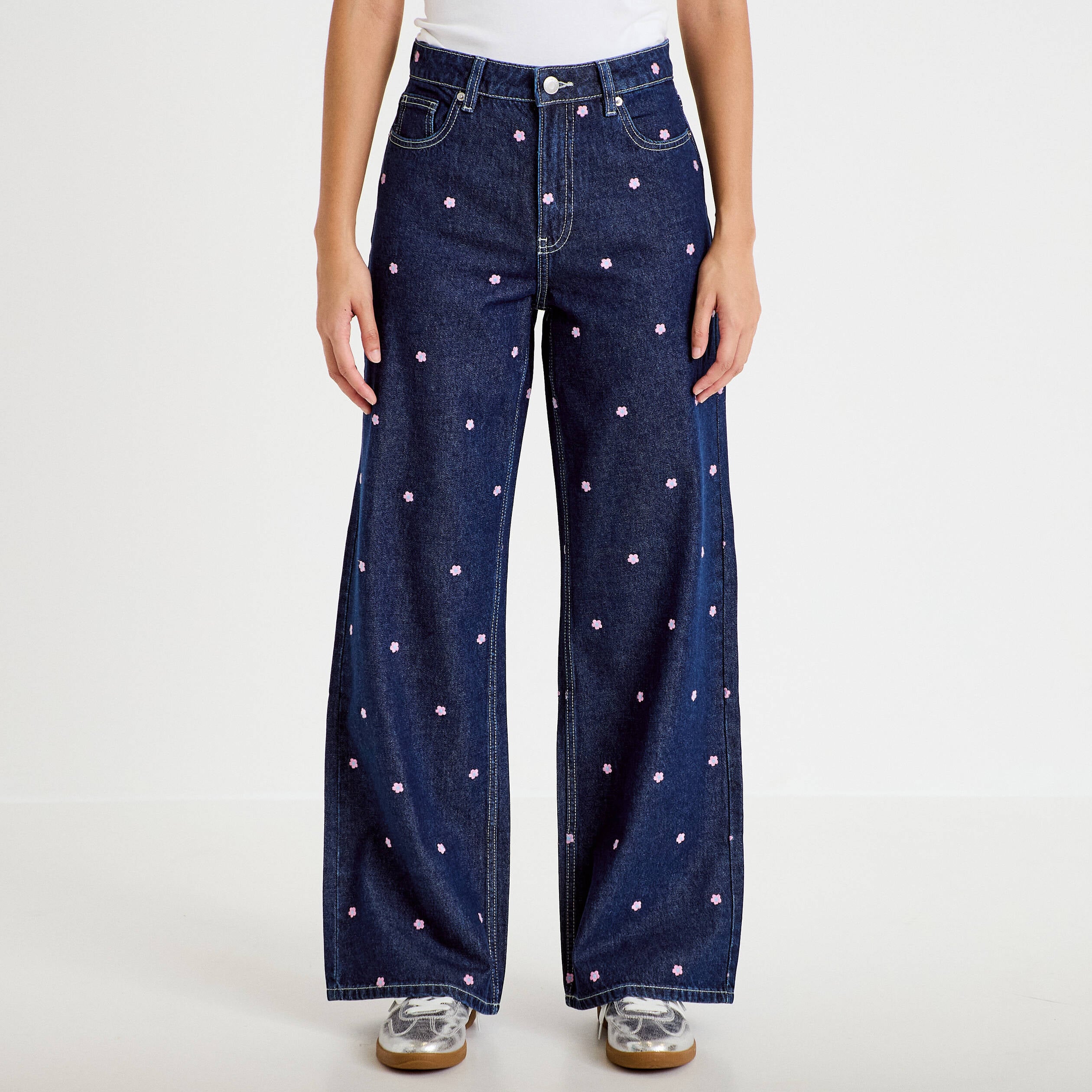 Jean wide leg taille haute brod&eacute; bleu fonc&eacute; femme