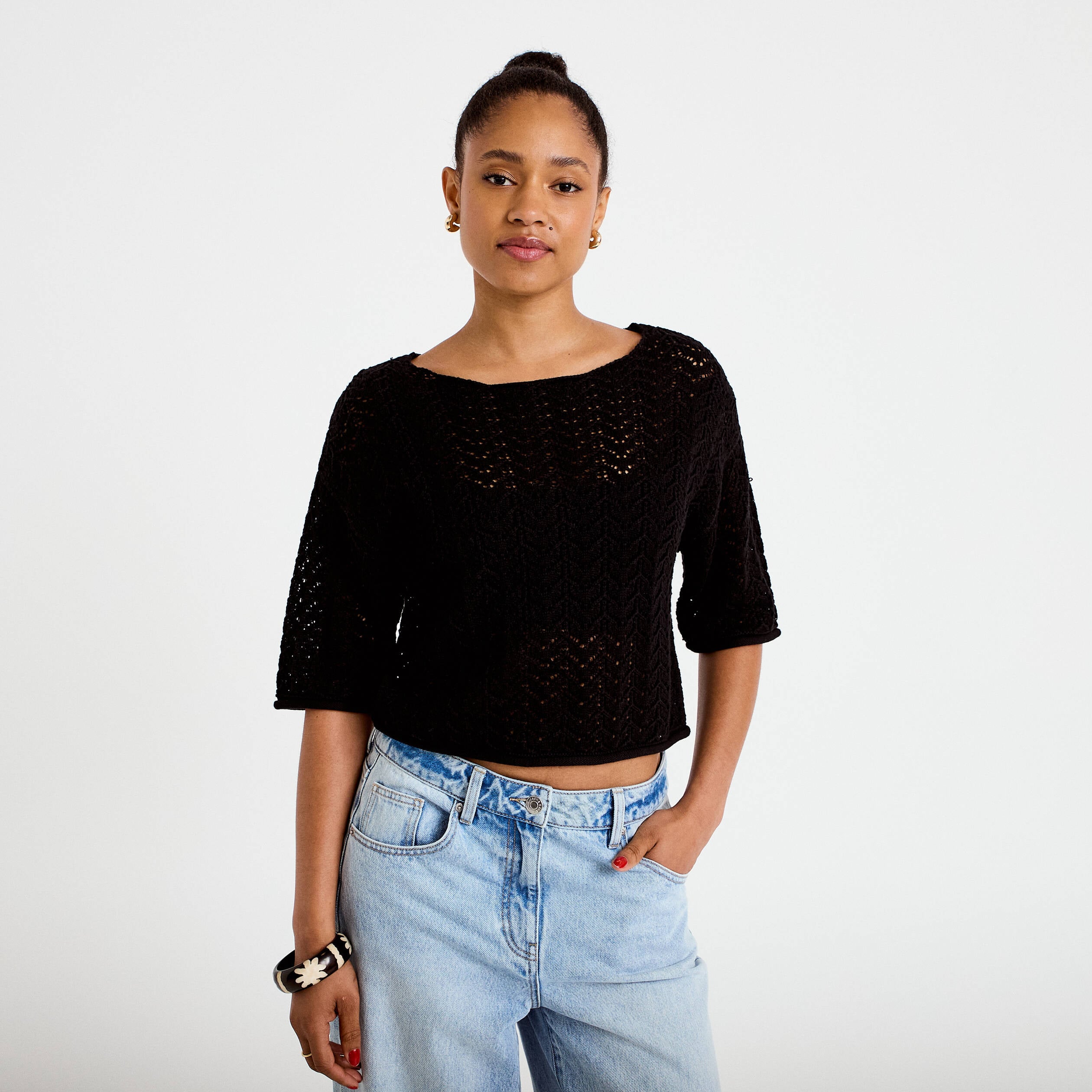 Pull ajour&eacute; aspect dentelle col rond noir femme