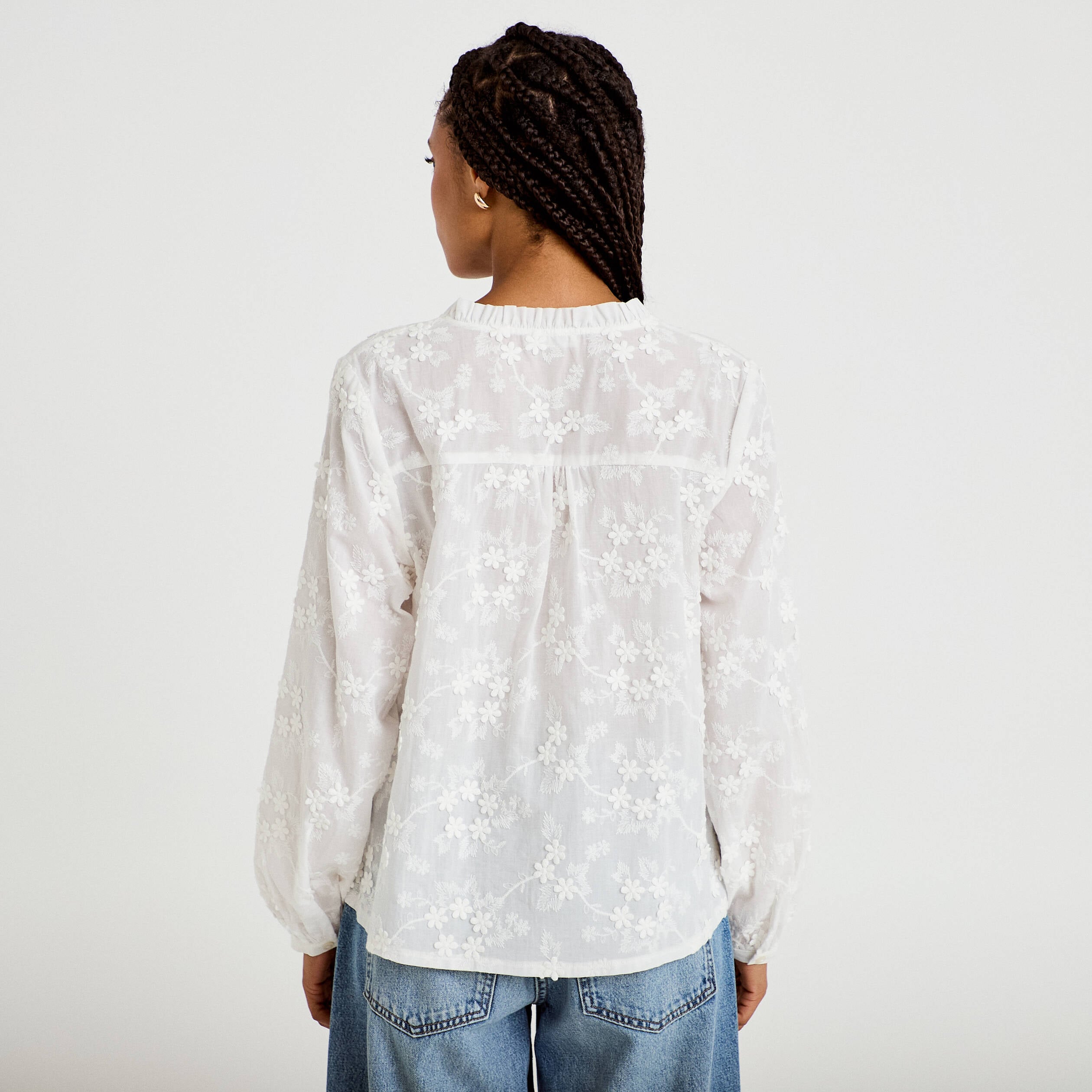 Blouse droite col rond manches longues ecru femme