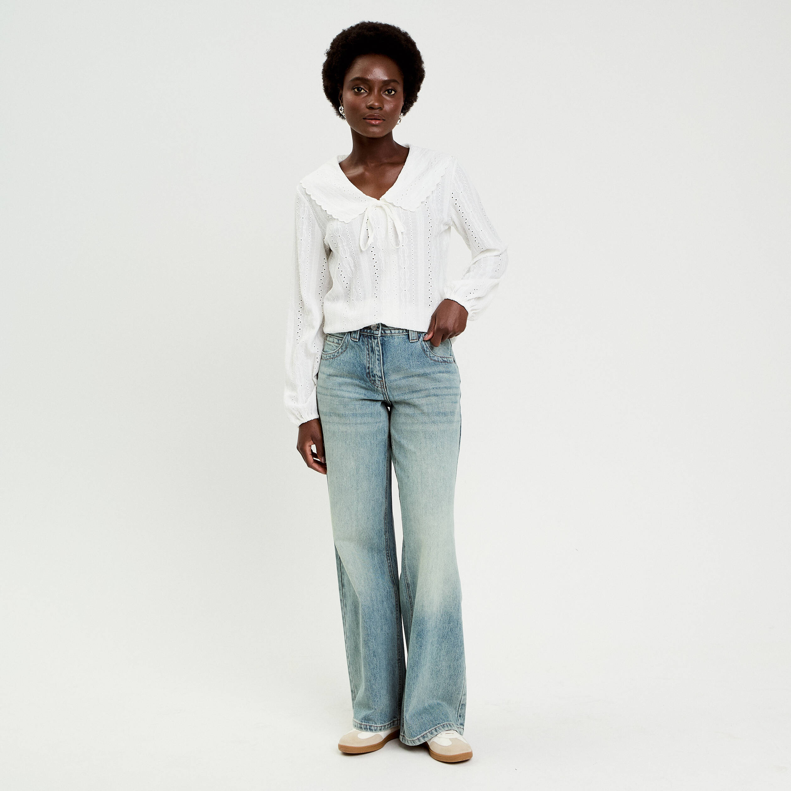 Blouse ajour&eacute;e col claudine dentelle ecru femme