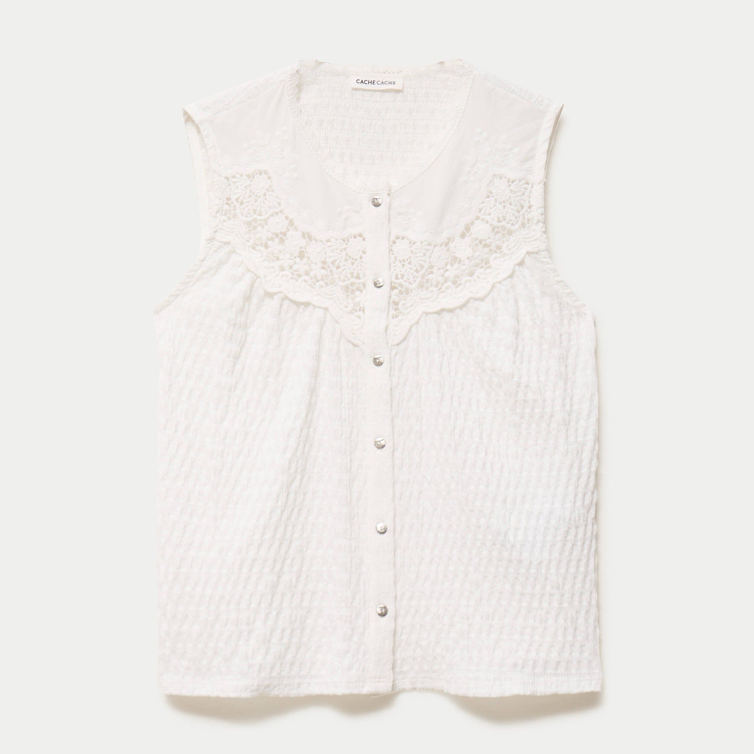 Blouse sans manches plastron brod&eacute; ecru femme