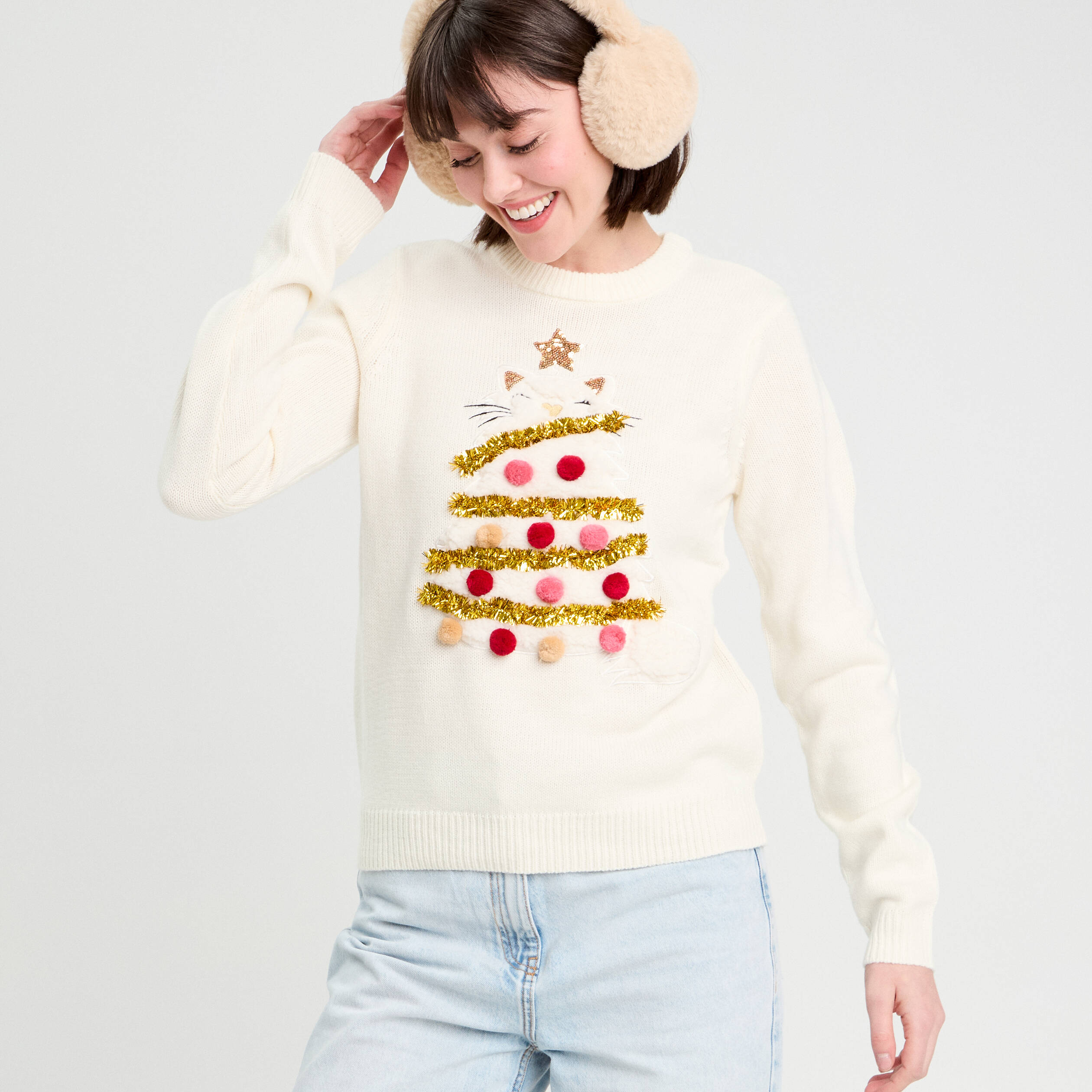 Pull pompons et guirlandes ecru femme