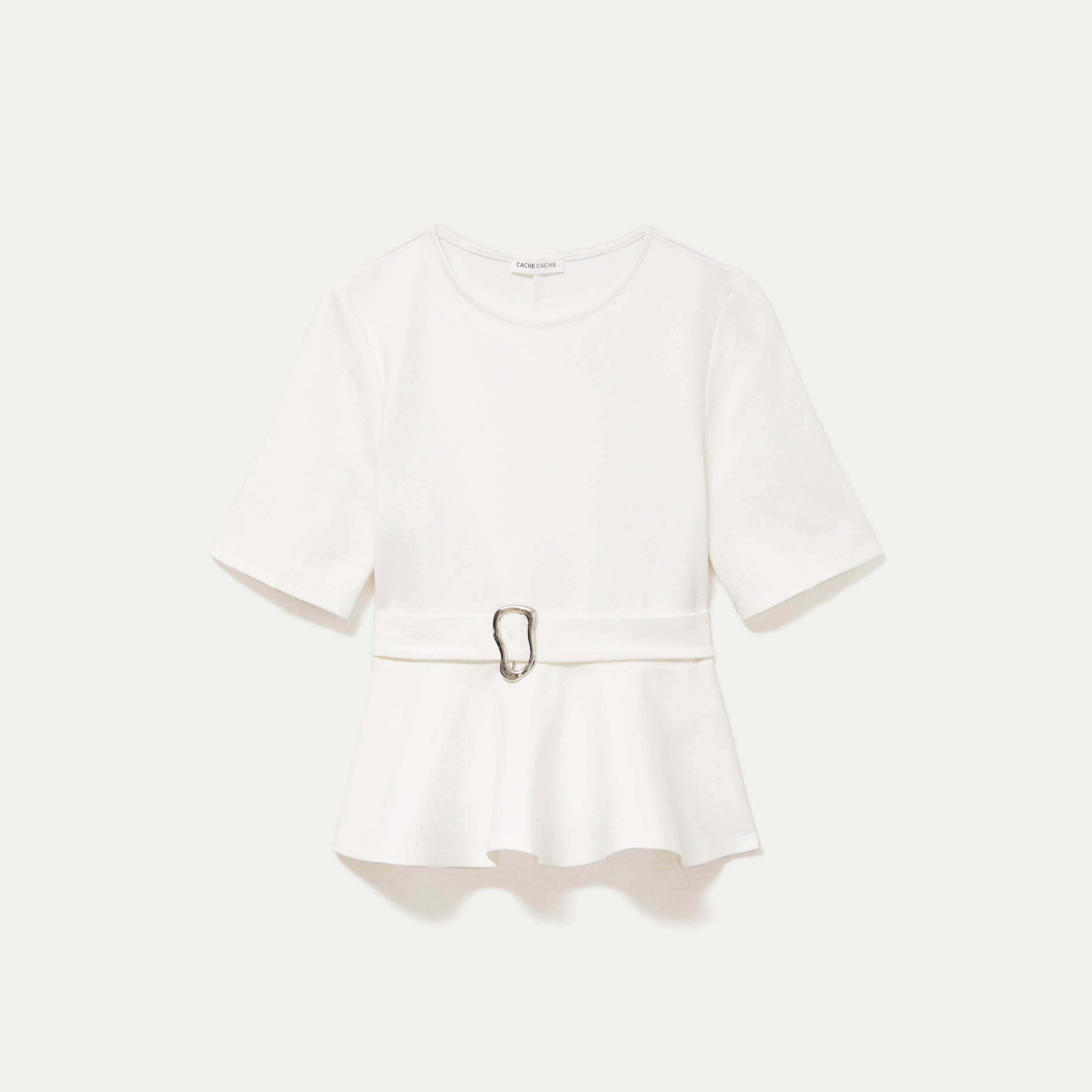 Top p&eacute;plum ceintur&eacute; manches courtes ecru femme