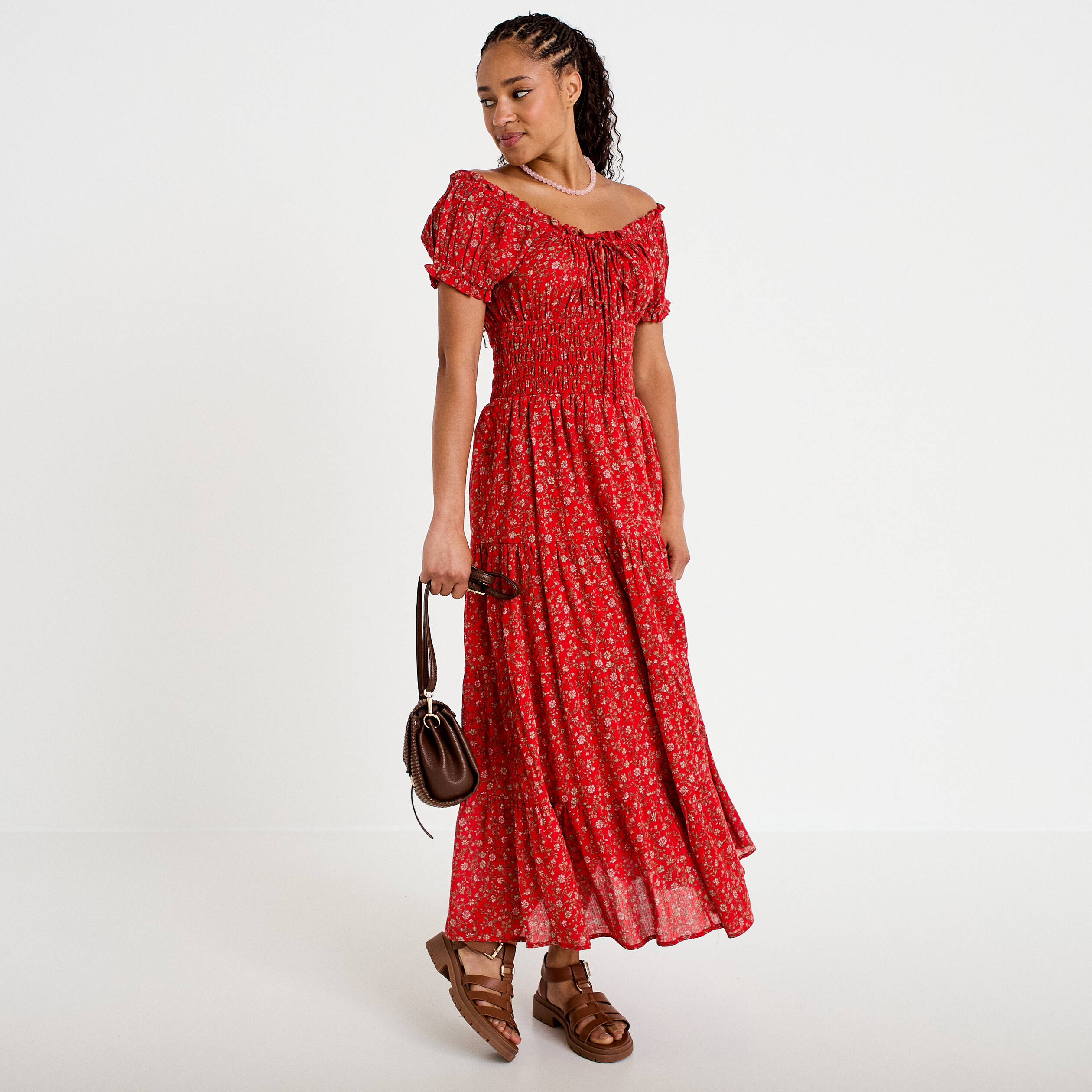 Robe longue &eacute;vas&eacute;e col carr&eacute; rouge femme