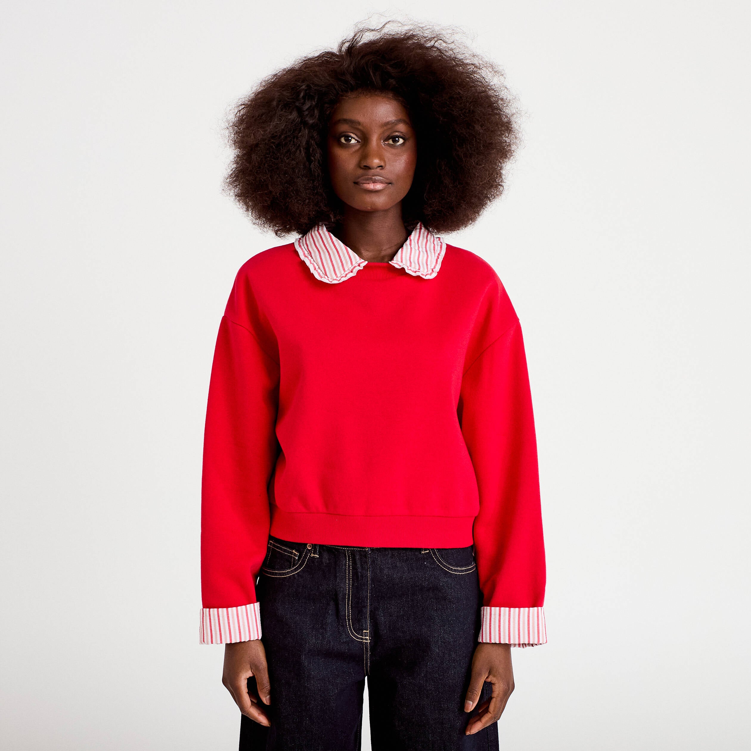 Sweat col chemise manches longues rouge femme
