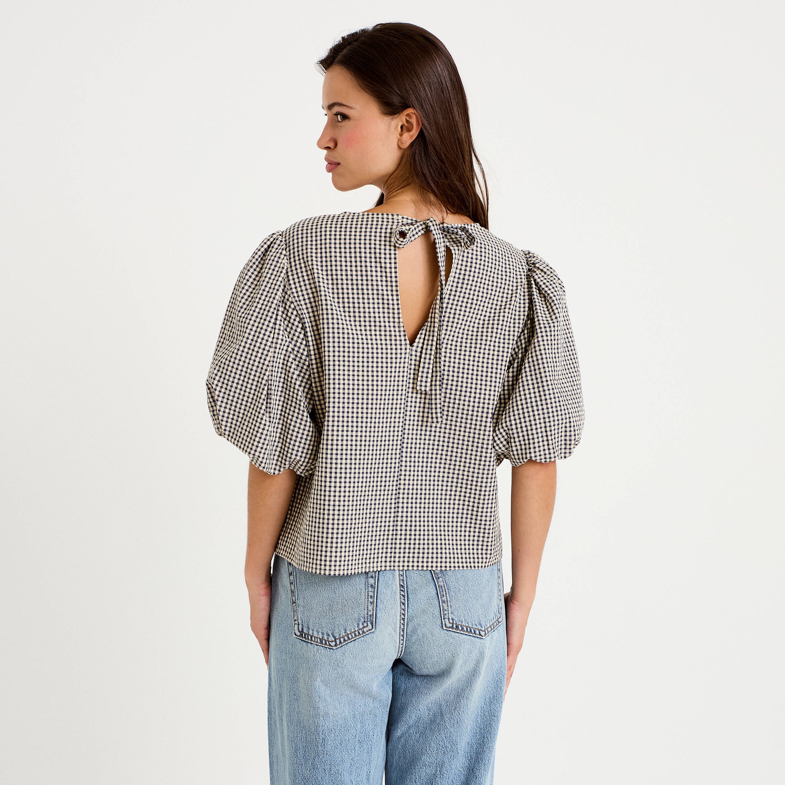 Blouse effet boule manches courtes bleu femme