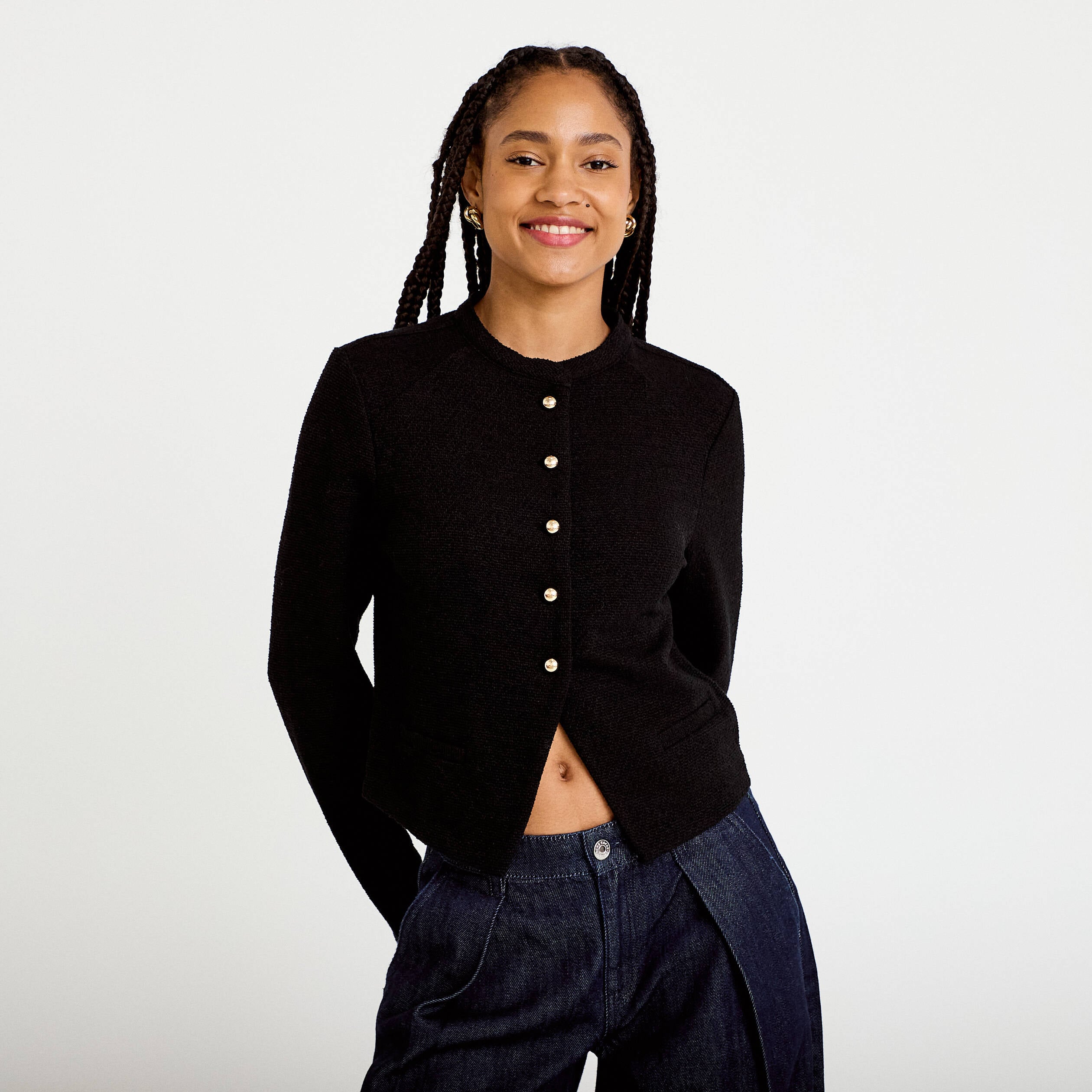Veste tweed droite cropped col rond noir femme