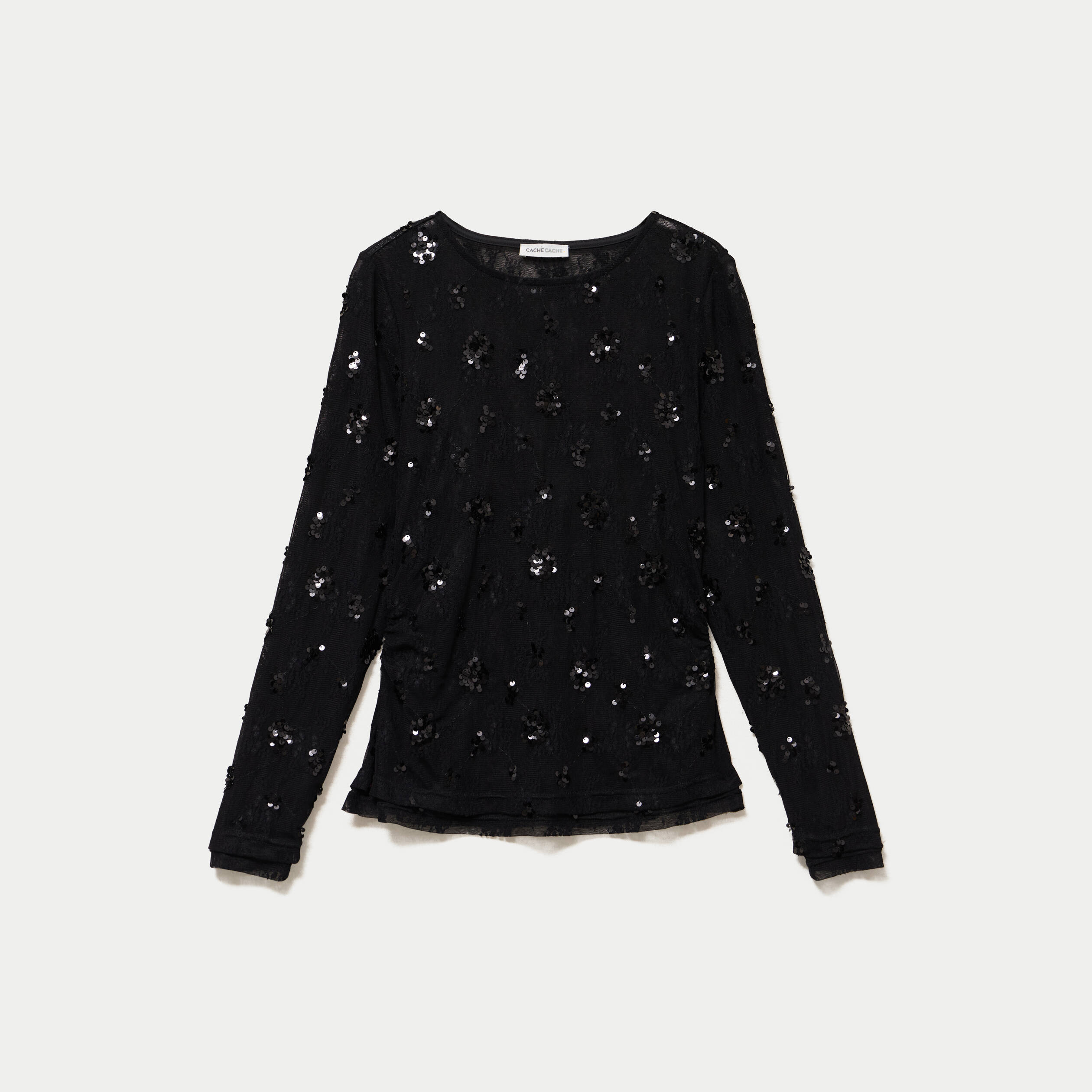 T-shirt ajust&eacute; col rond brod&eacute; perles noir femme