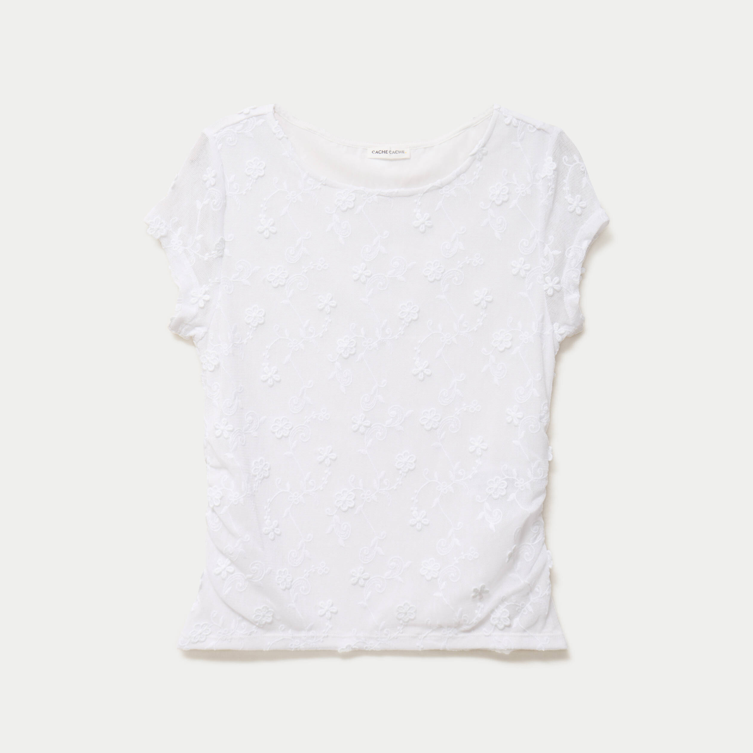 T-shirt ajust&eacute; col rond dentelle blanc femme