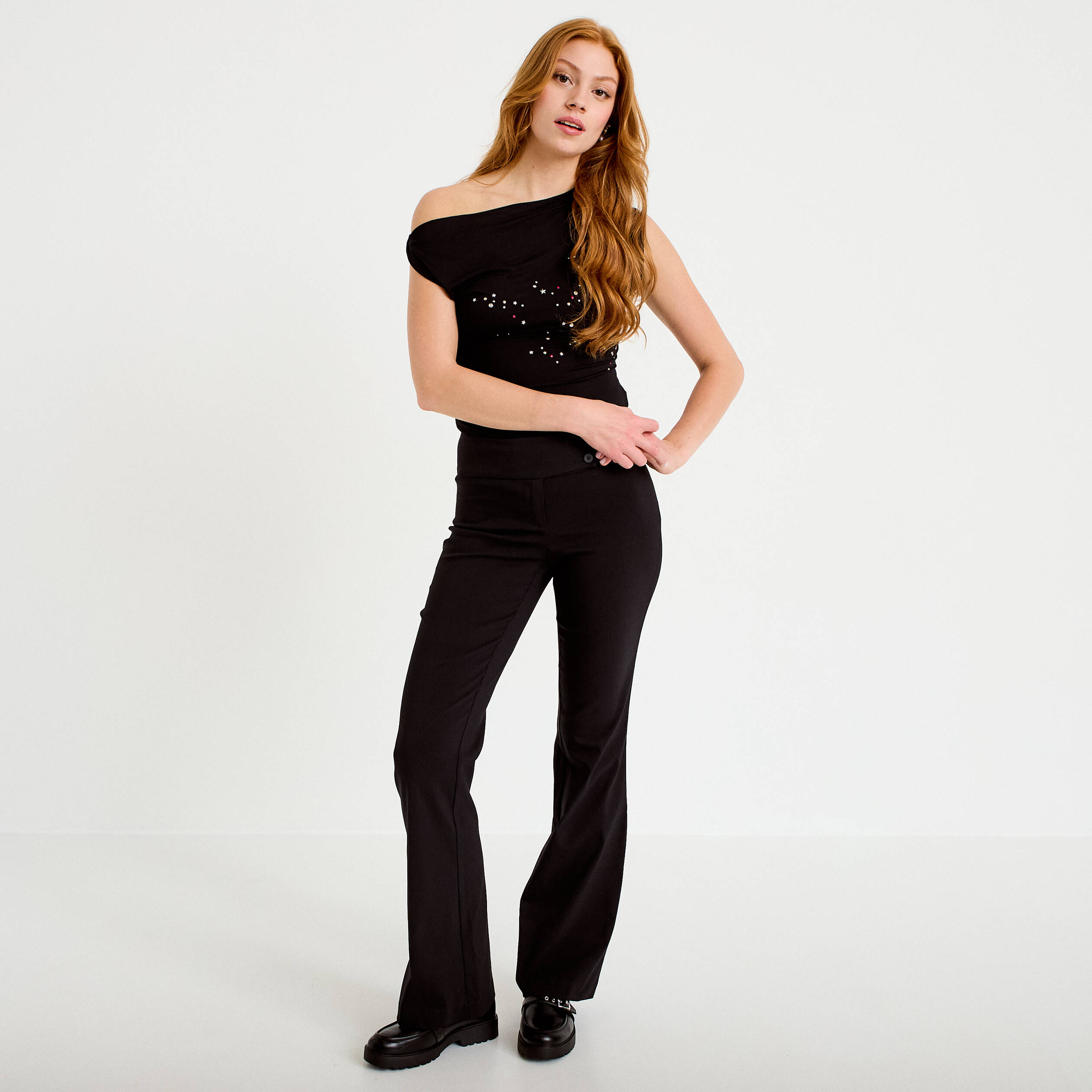 Pantalon bootcut taille basse noir femme