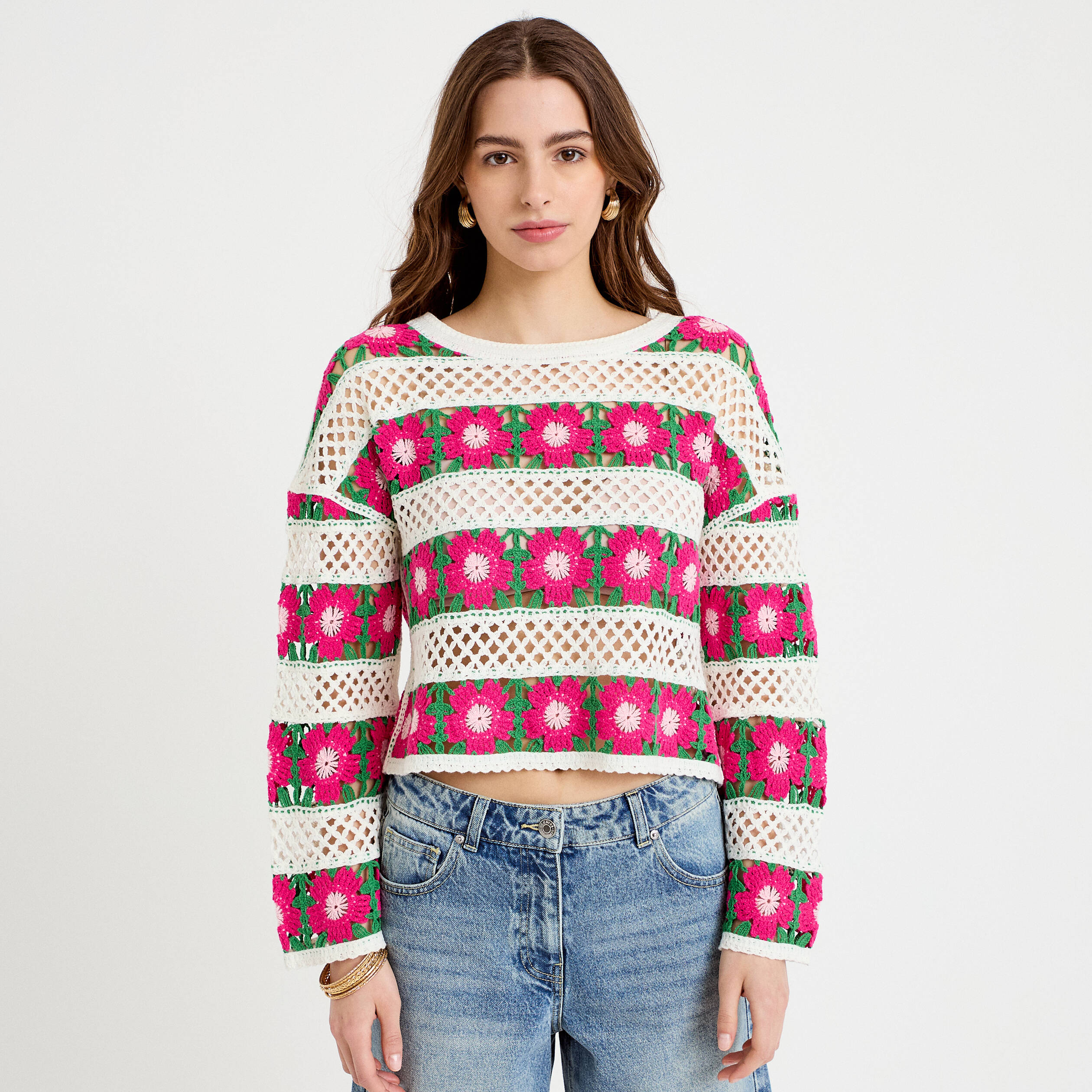 Pull manches longues rose fushia femme