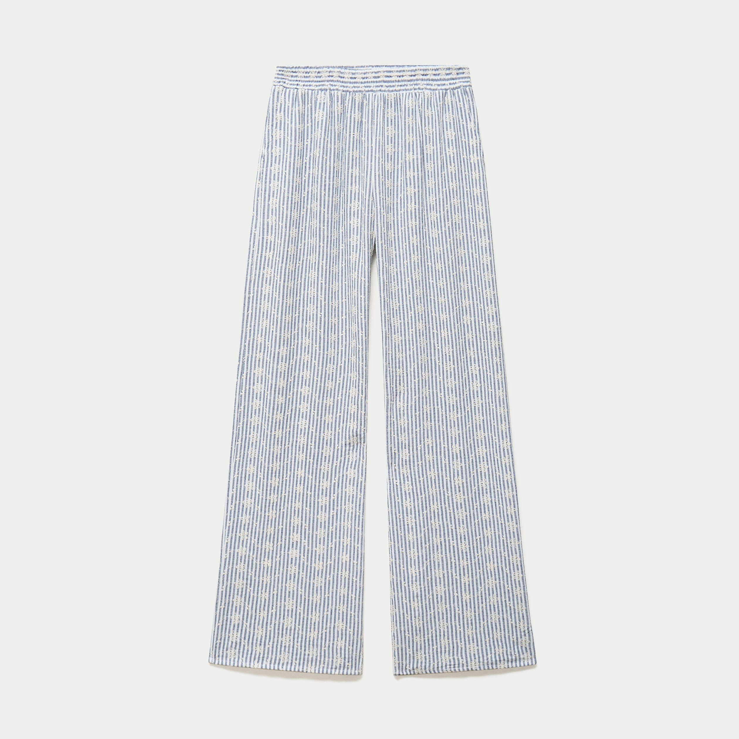 Pantalon large brod&eacute; bleu marine femme