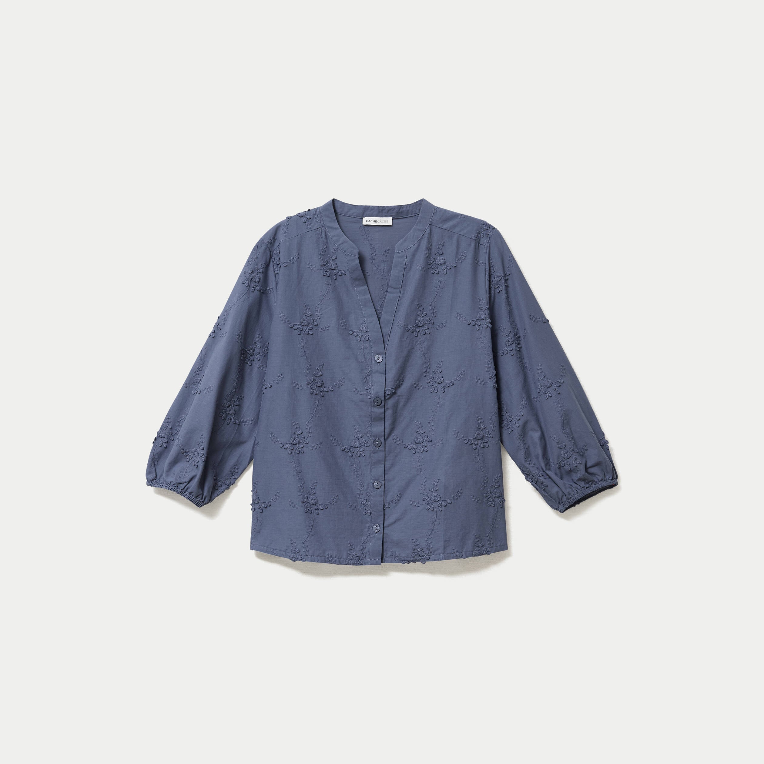 Blouse brod&eacute;e col mao manches 3/4 bleu gris femme