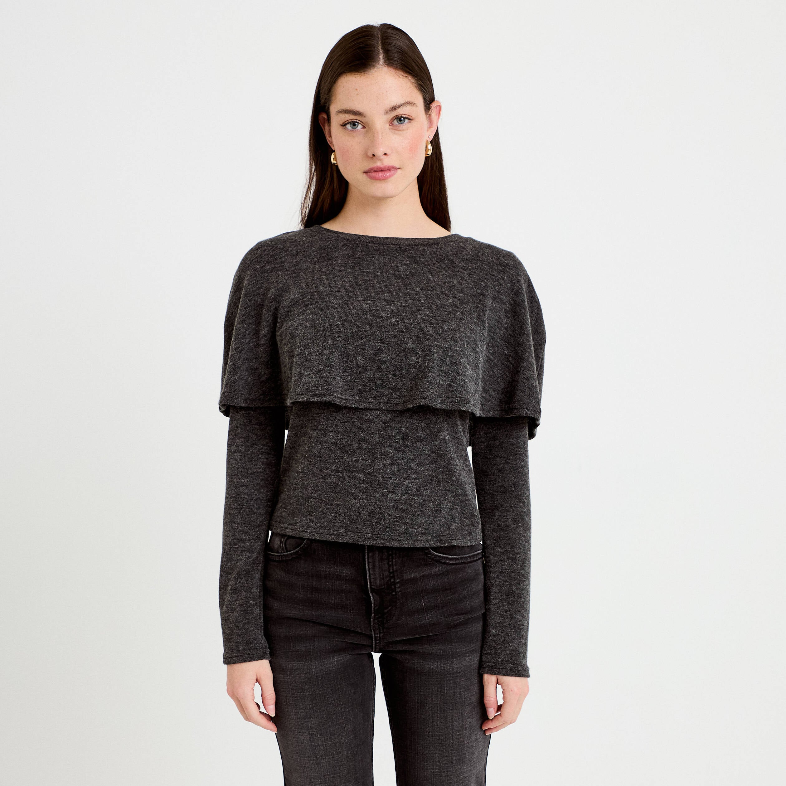 Pull cape col rond manches longues gris fonc&eacute; femme