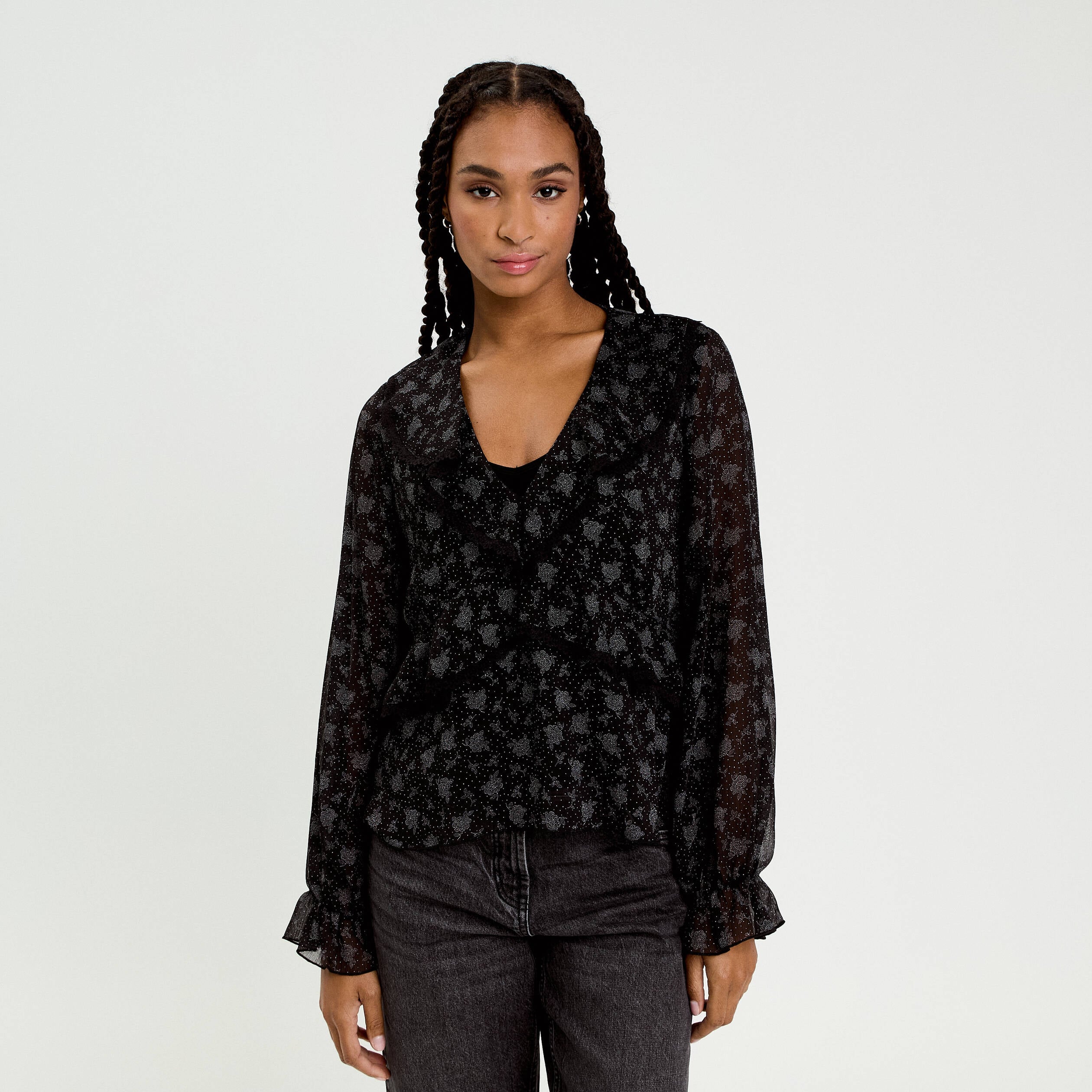 Blouse droite courte manches longues noir femme
