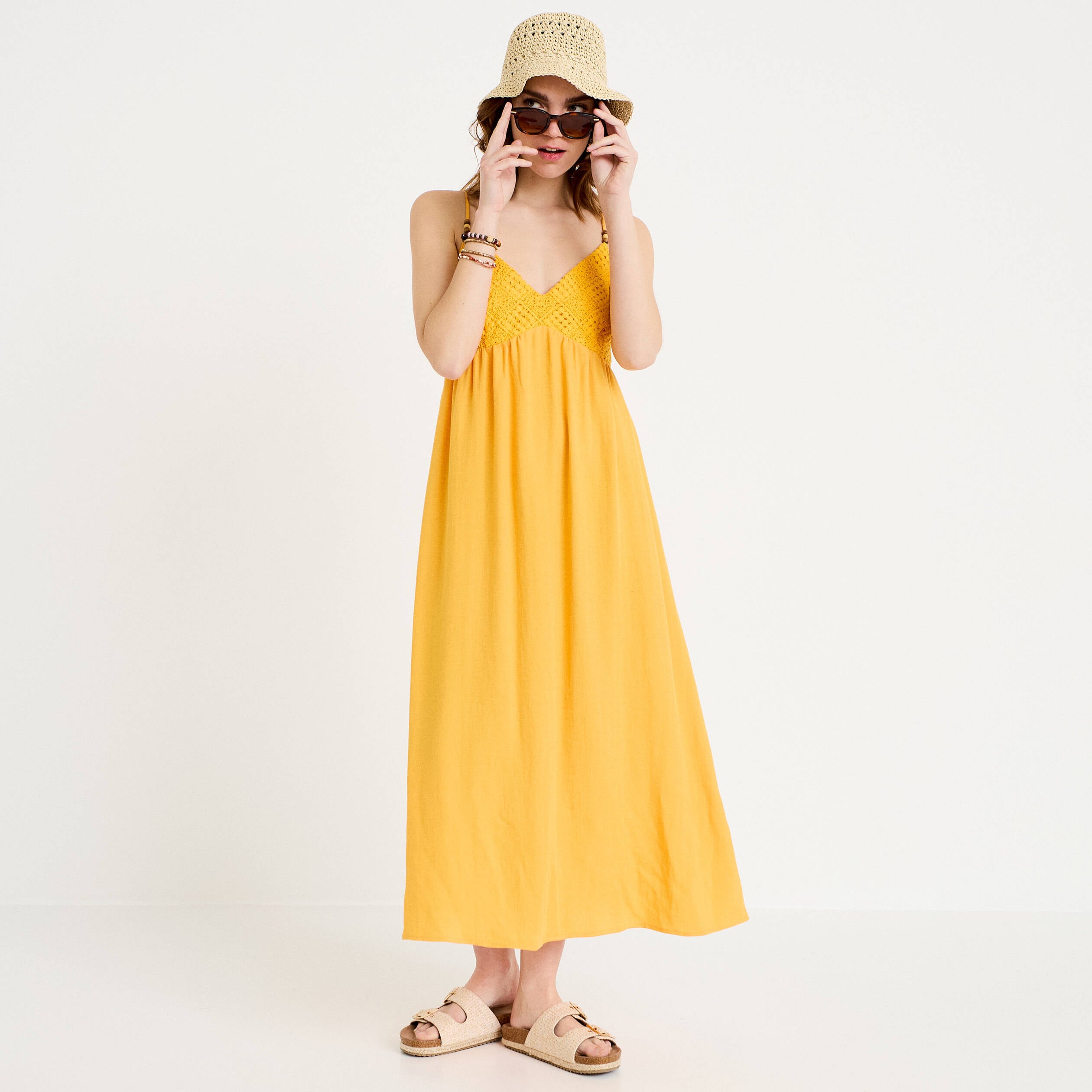 Robe bi-mati&egrave;re col v bretelles fines orange clair femme