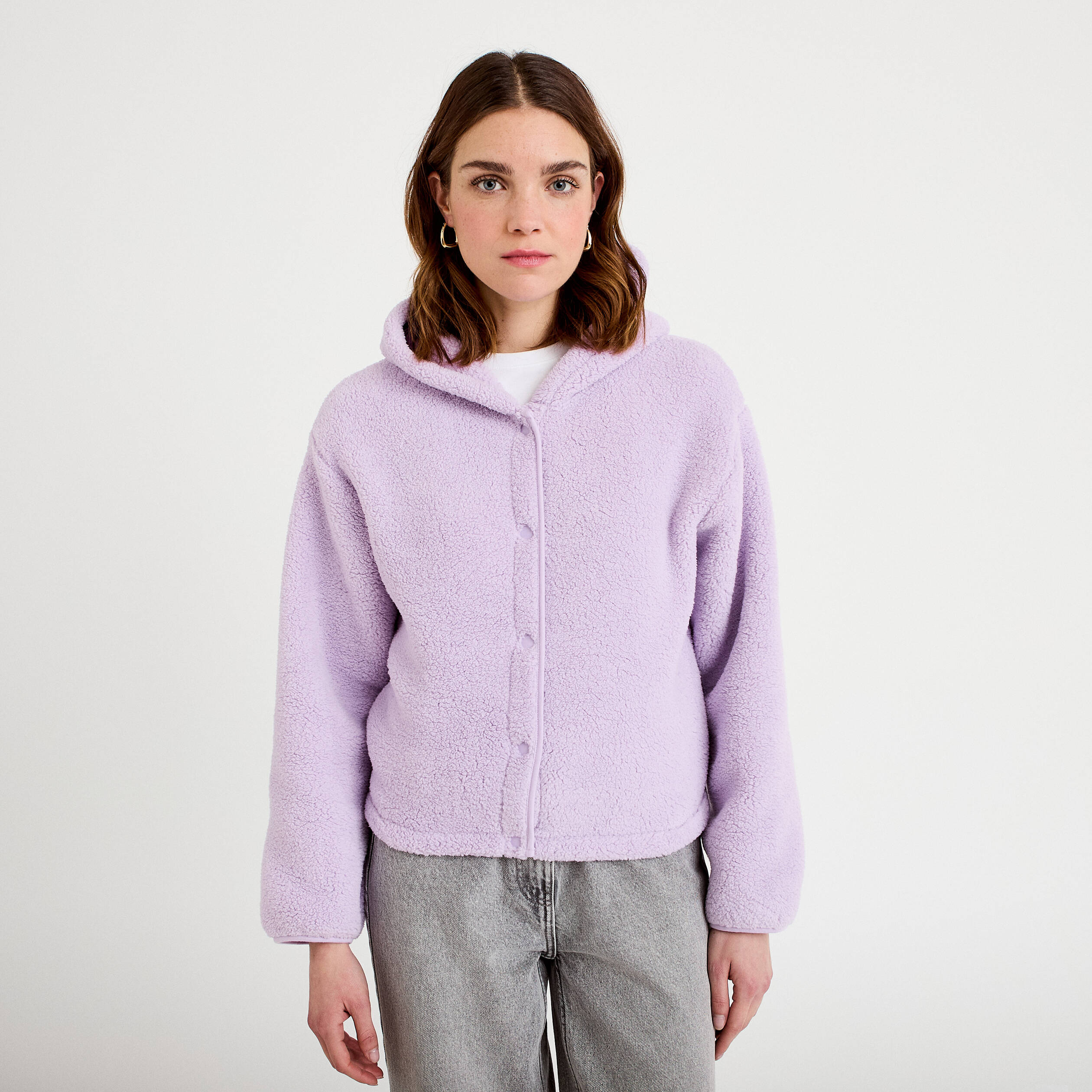 Veste effet polaire &agrave; capuche parme femme