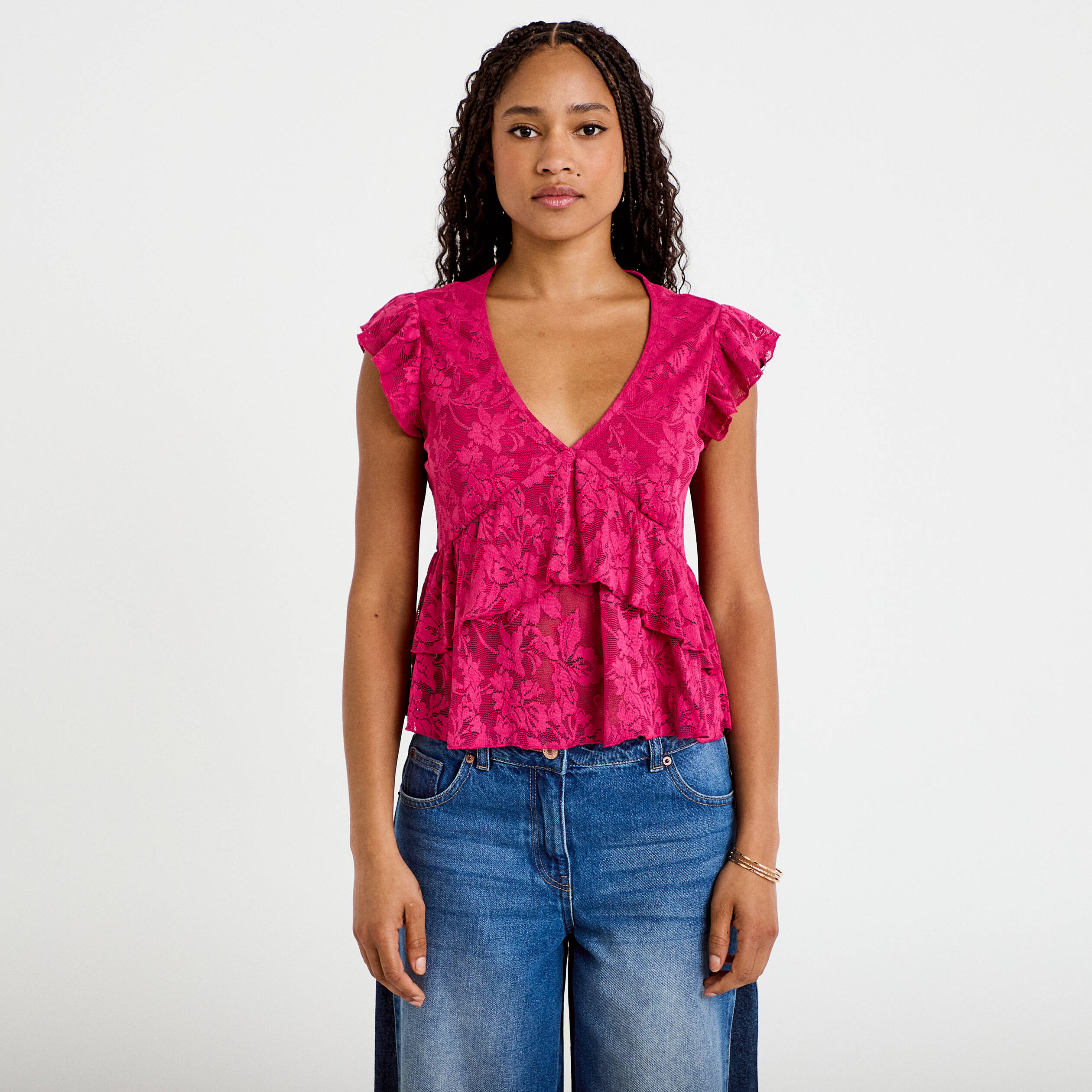 Blouse manches courtes aspect dentelle prune femme