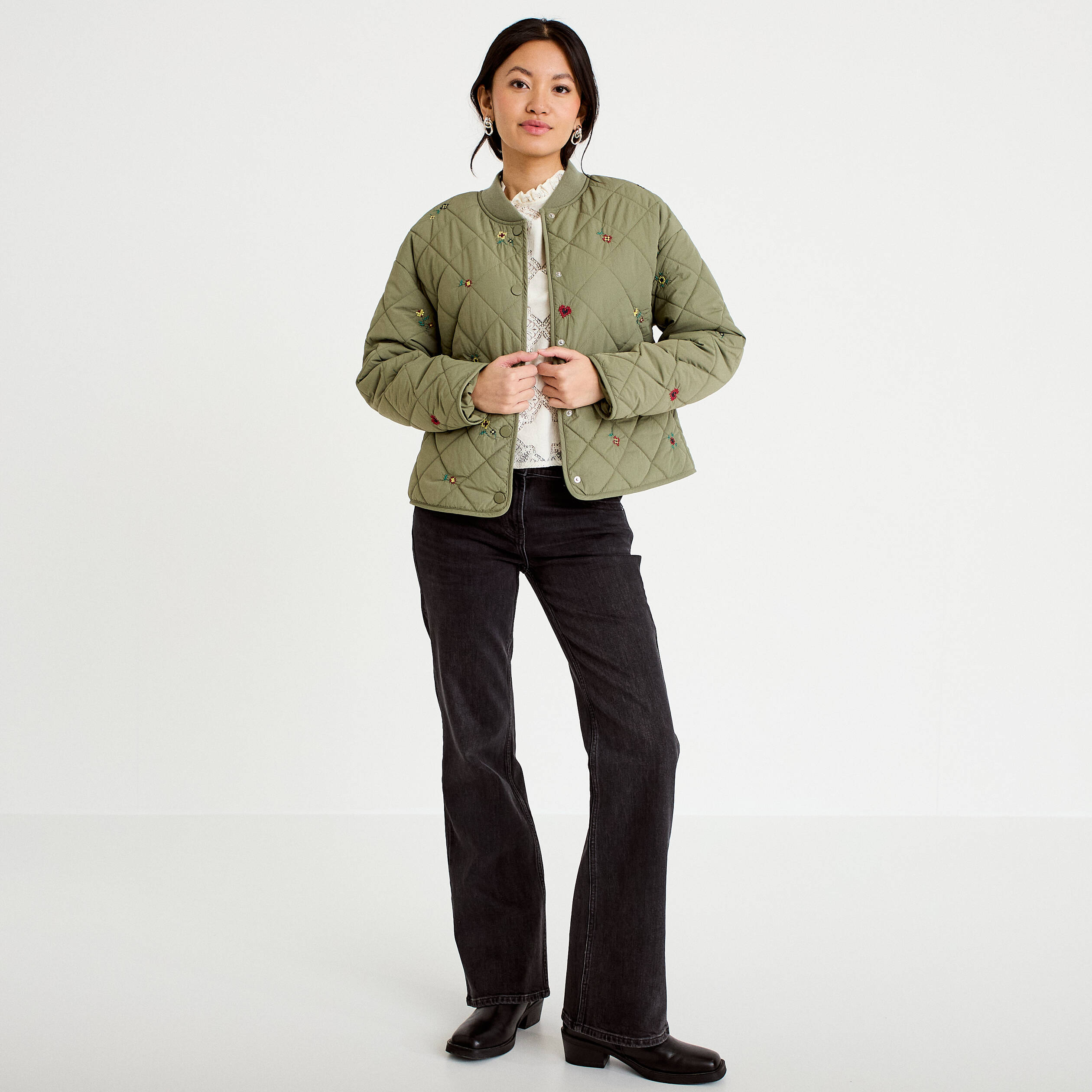 Veste matelass&eacute;e brod&eacute;e vert kaki femme