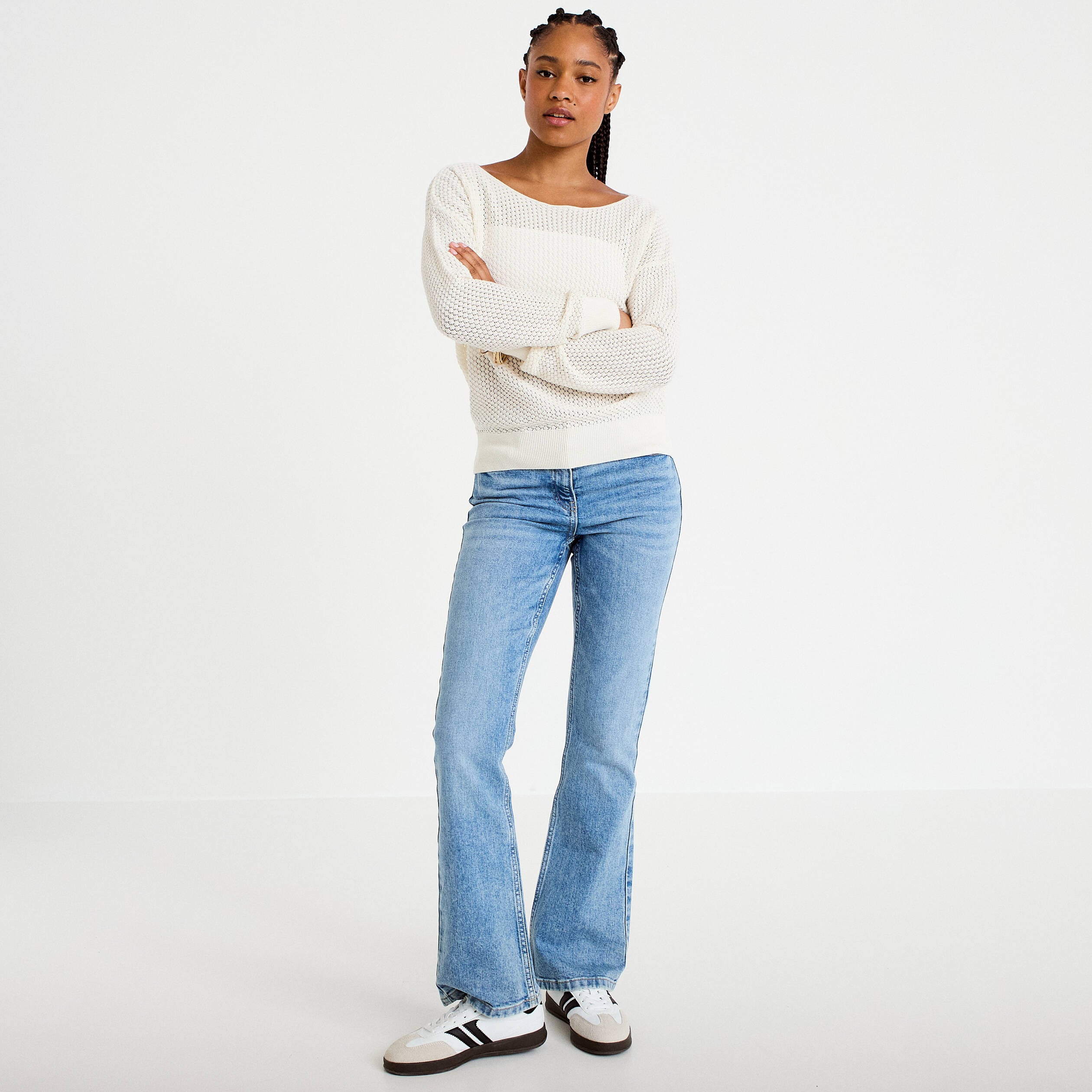 Pull ample ajour&eacute; manches longues ecru femme