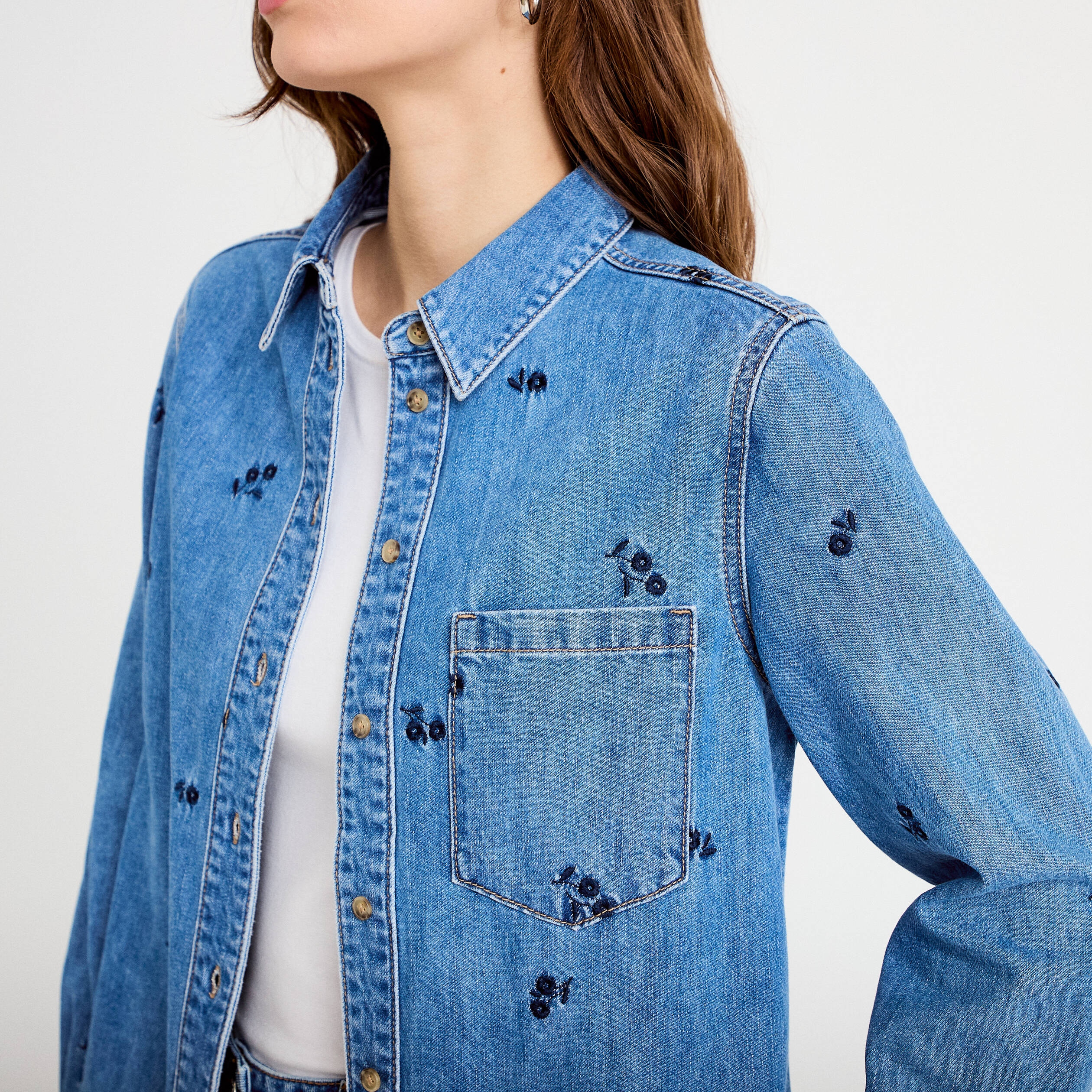Chemise droite courte manches longues bleu femme