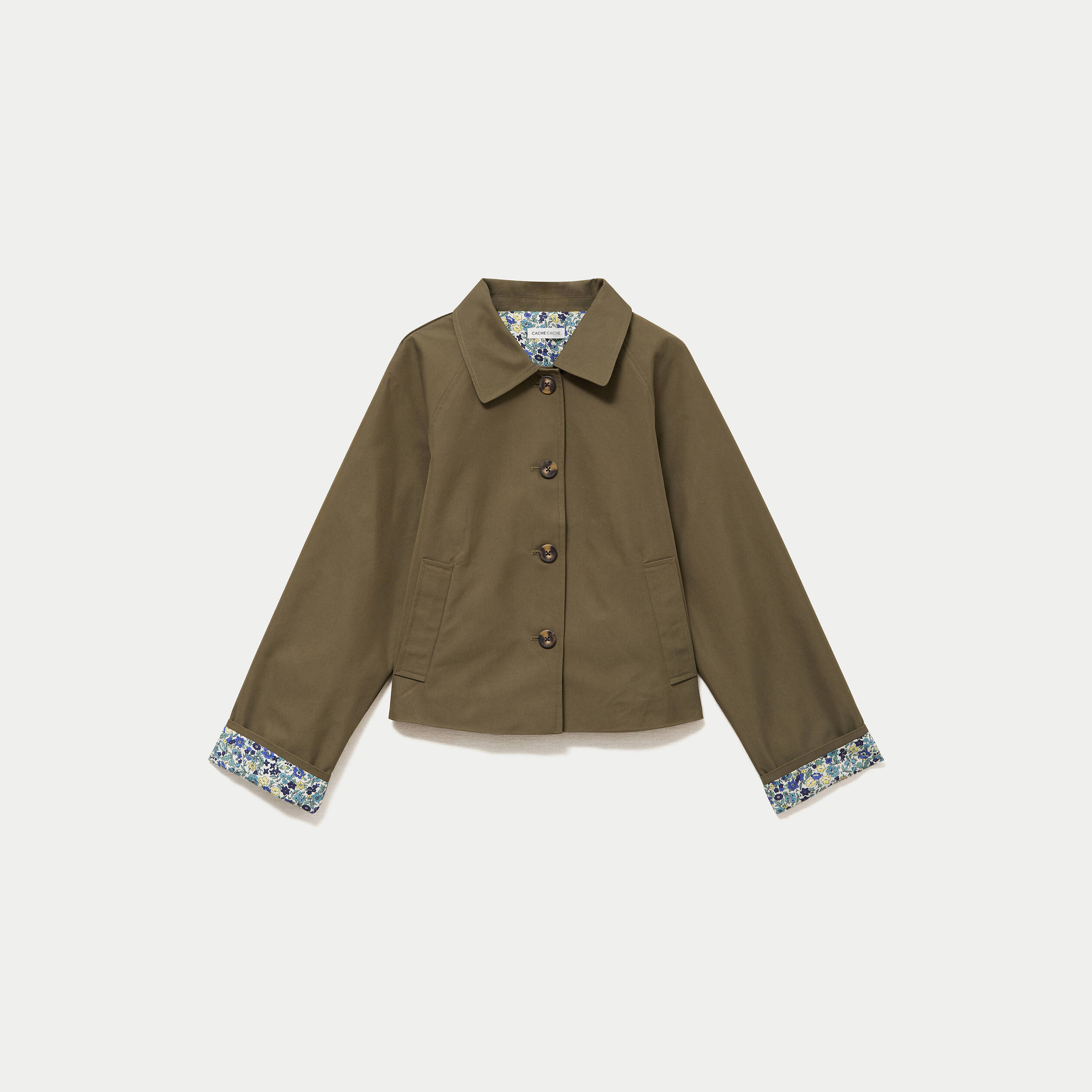 Veste courte boutonn&eacute;e doublure vichy vert kaki femme