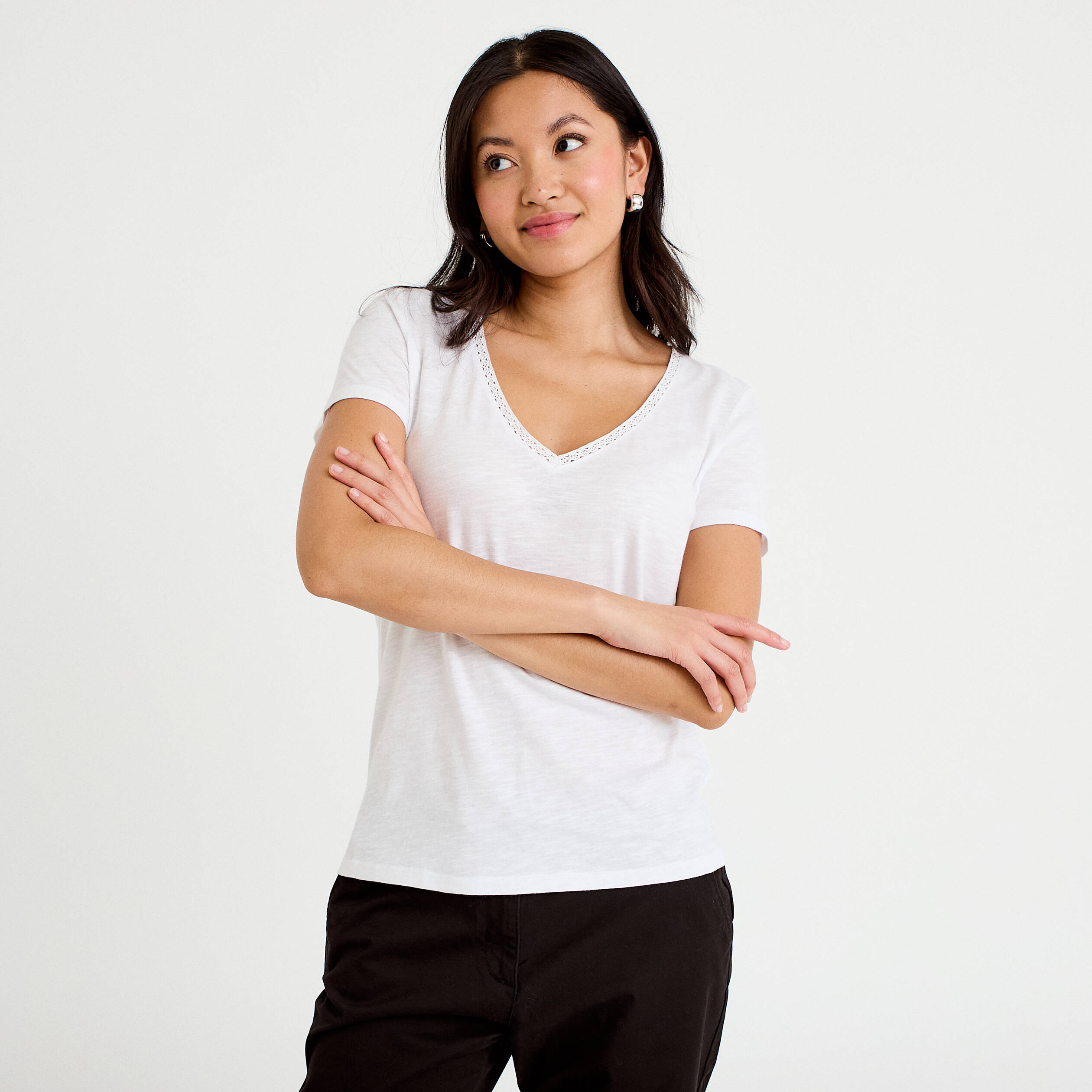 T-shirt col v manches courtes blanc femme