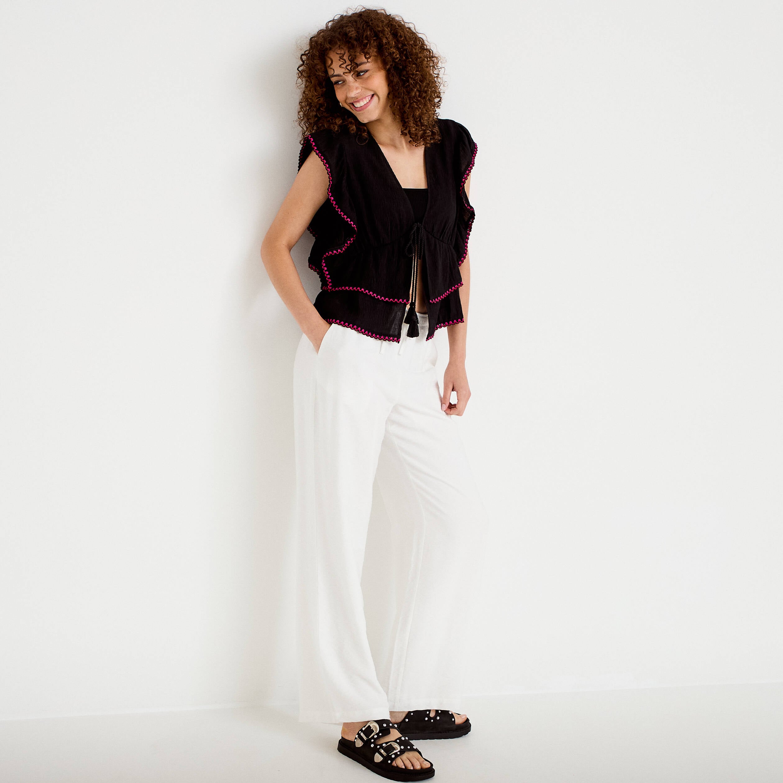 Pantalon large taille standard ecru femme