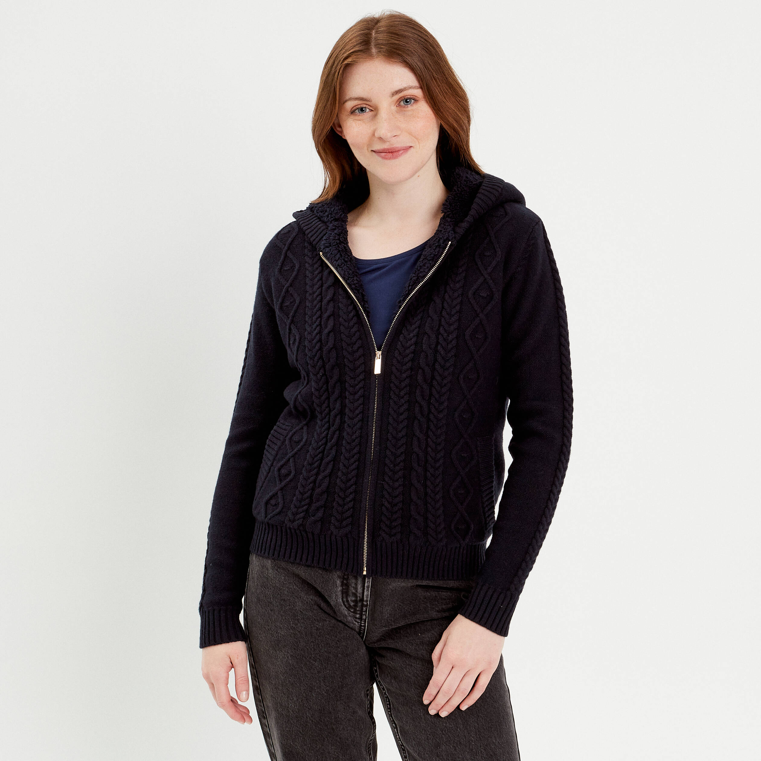 Gilet &agrave; capuche zipp&eacute; bleu marine femme