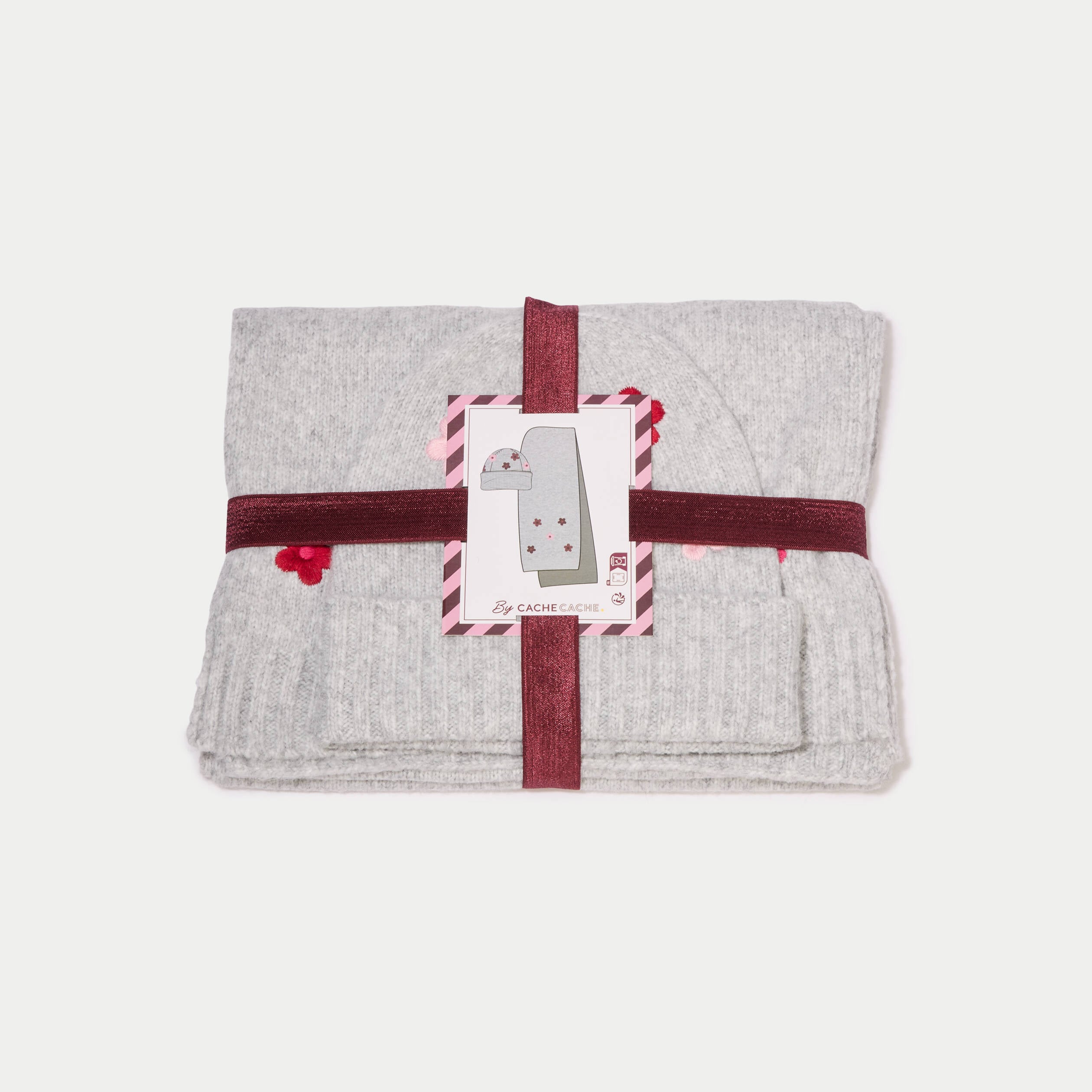Lot &eacute;charpe bonnet avec broderie gris fonc&eacute; femme