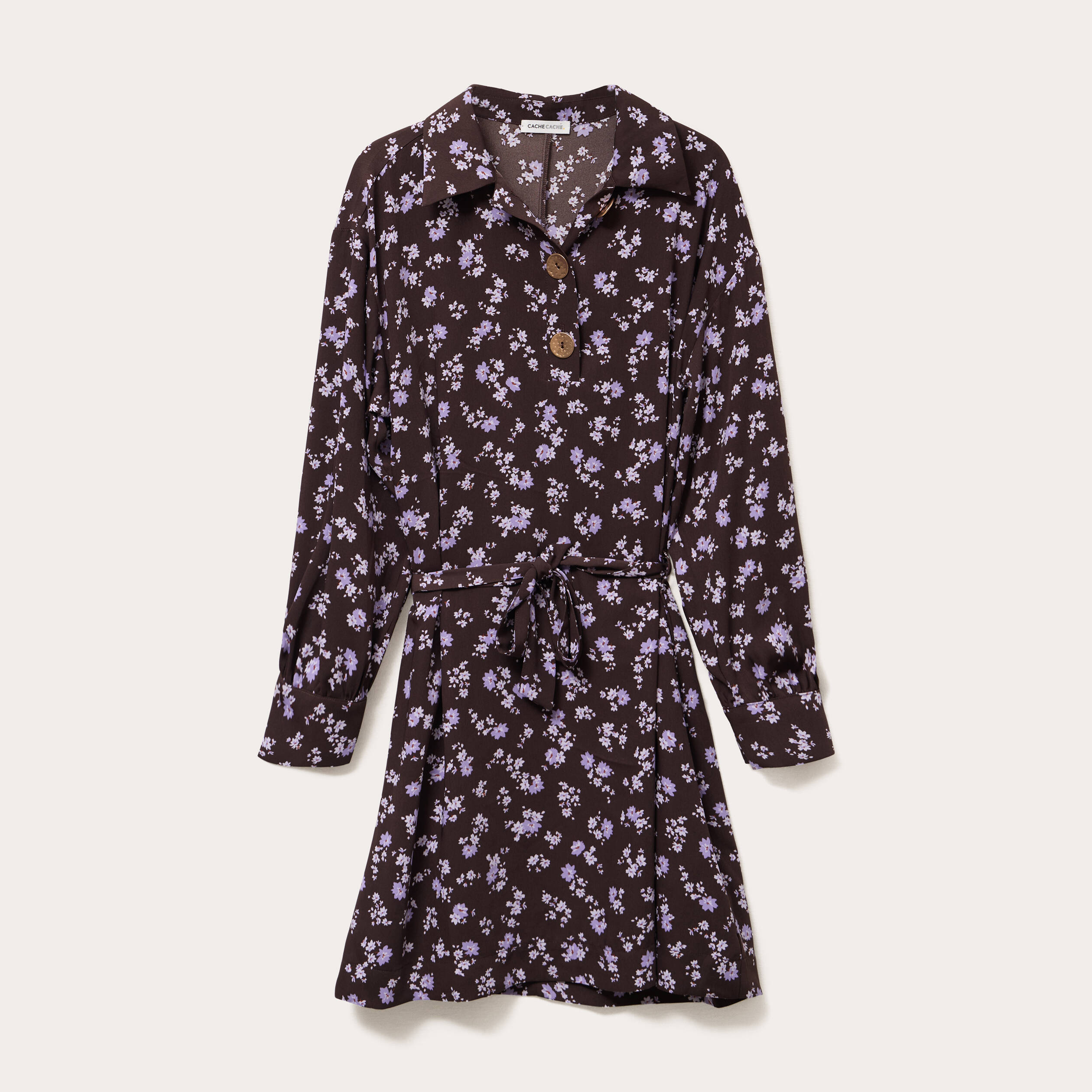 Robe courte droite col chemise marron fonc&eacute; femme