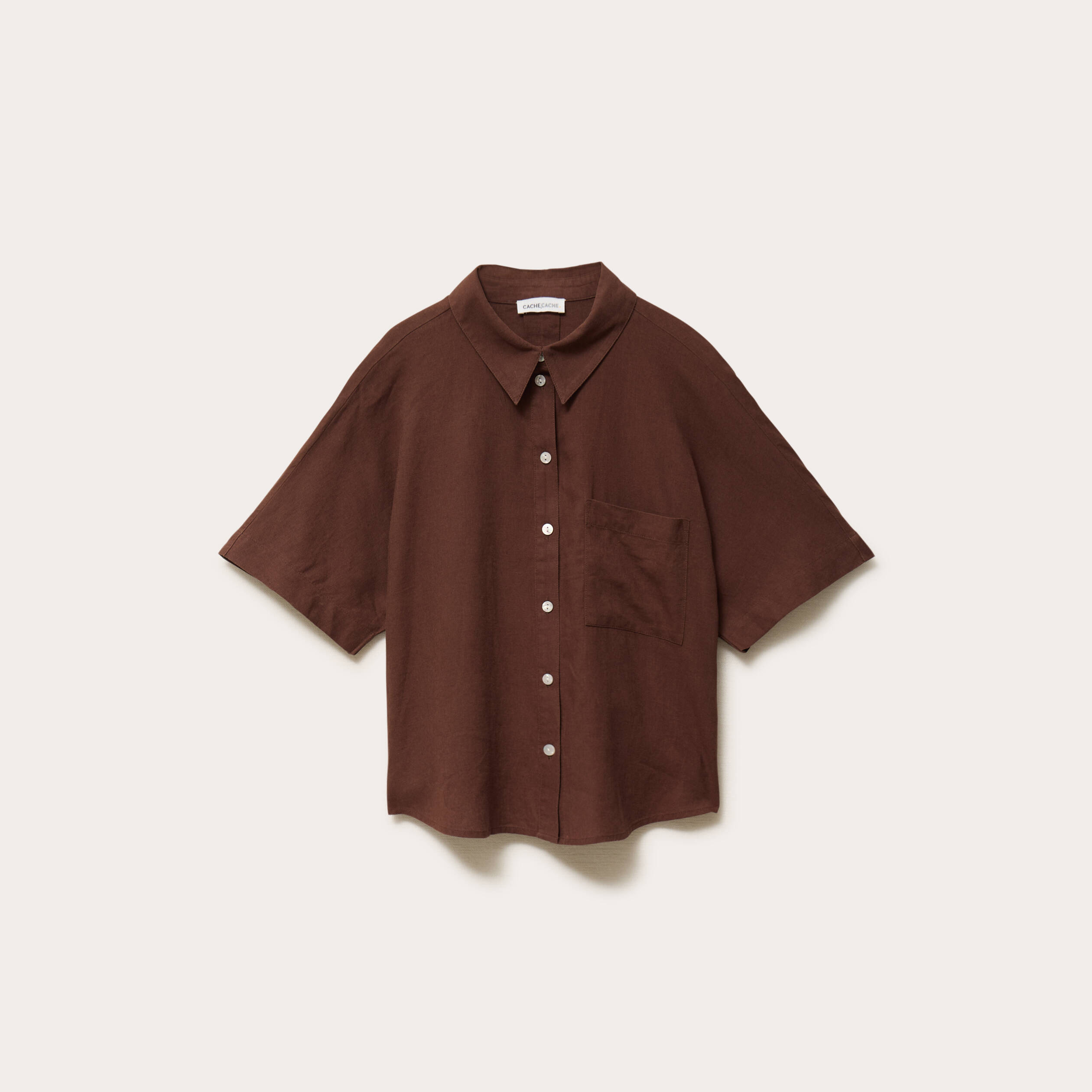 Chemise droite courte col classique marron femme