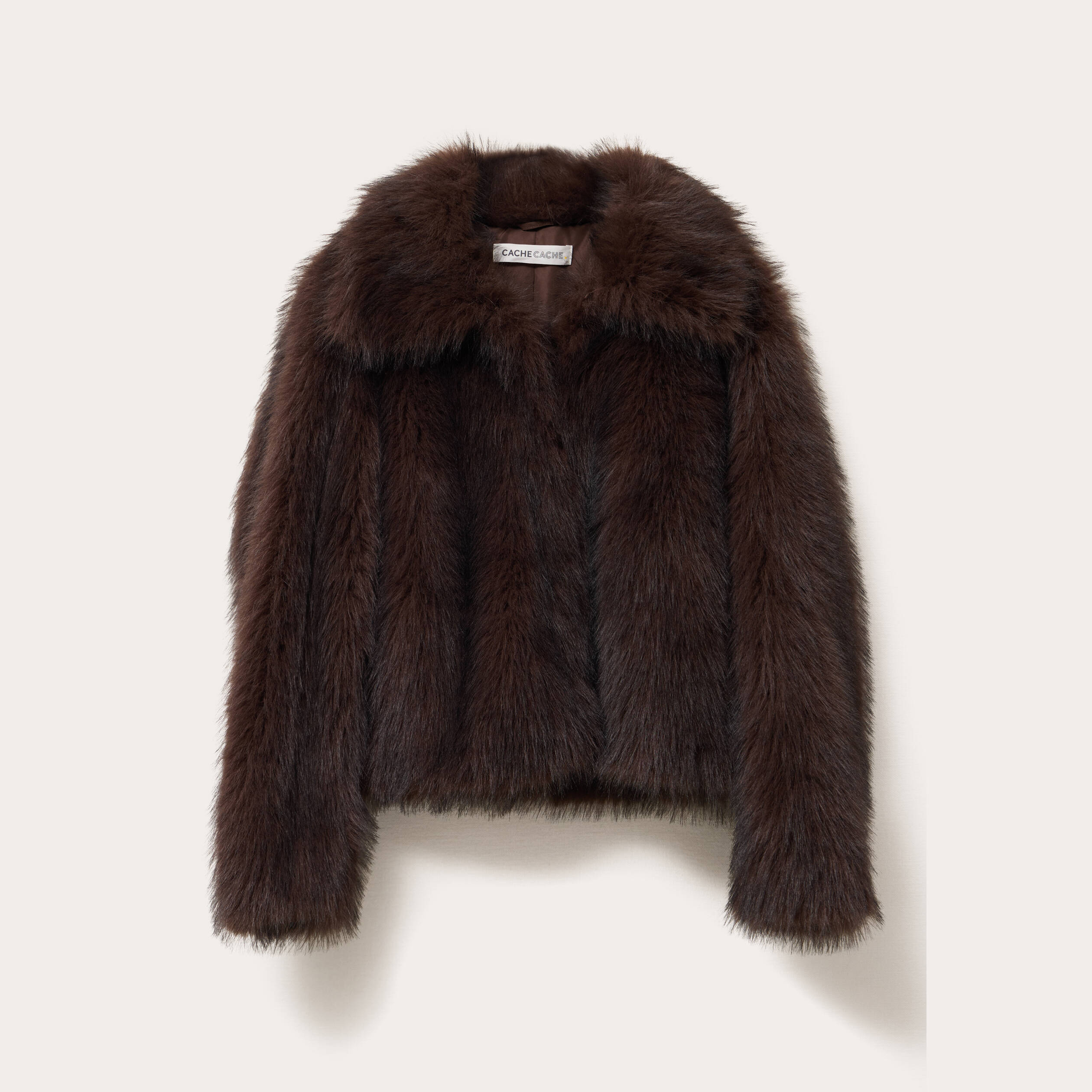 Veste courte en fausse fourrure marron fonc&eacute; femme