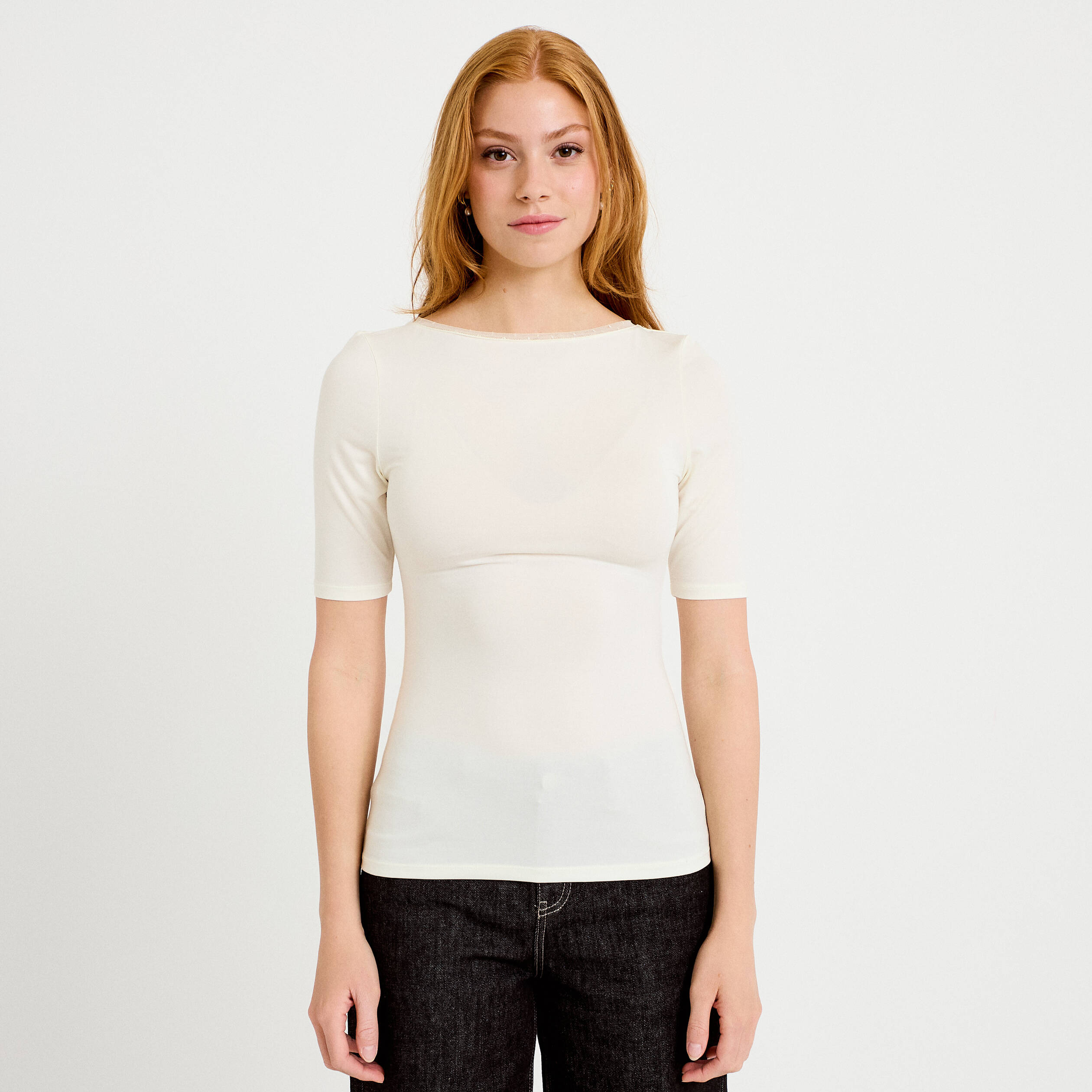 T-shirt ajust&eacute; manches courtes ecru femme