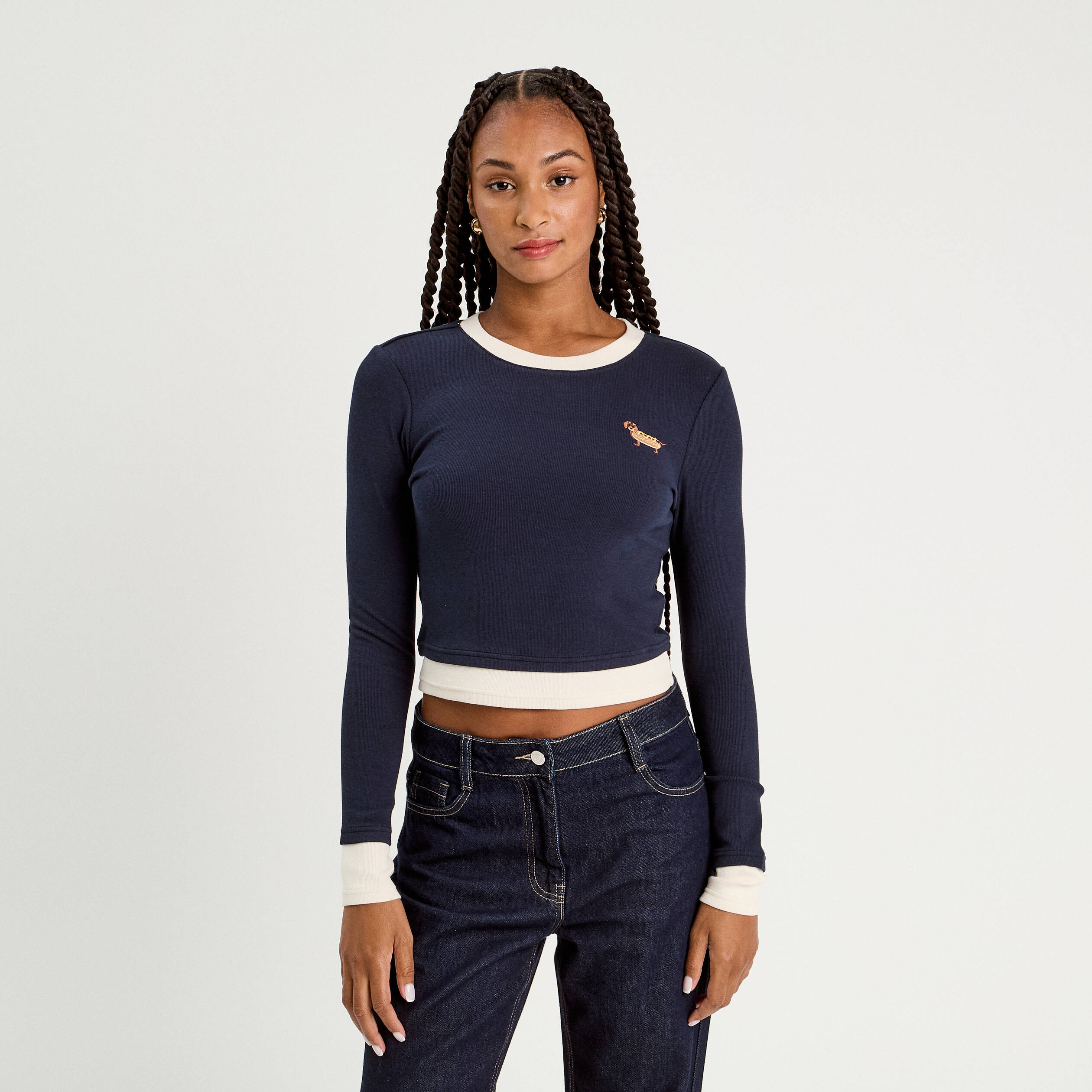 T-shirt cropped 2-en-1 bleu marine femme