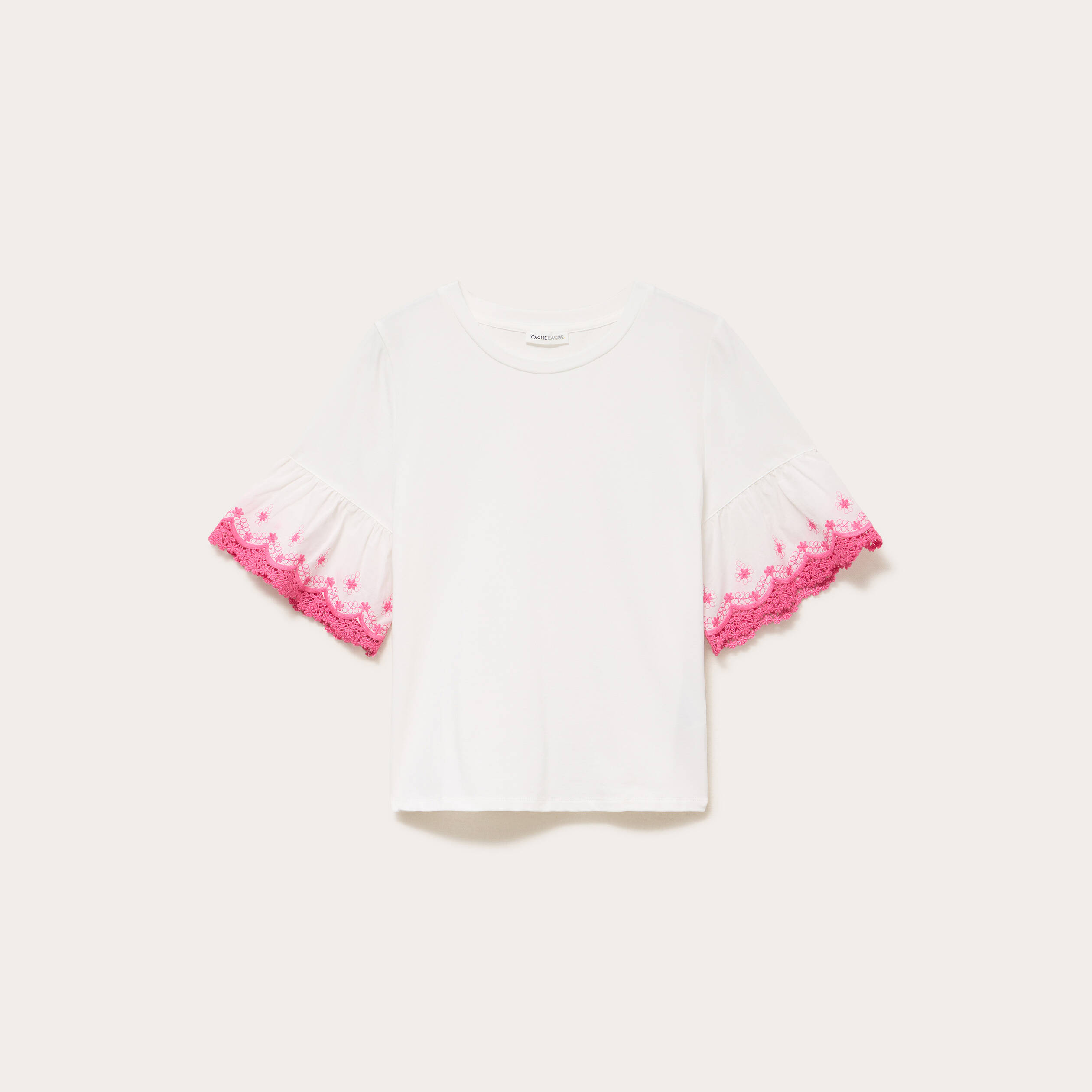 T-shirt brod&eacute; manches courtes ecru femme