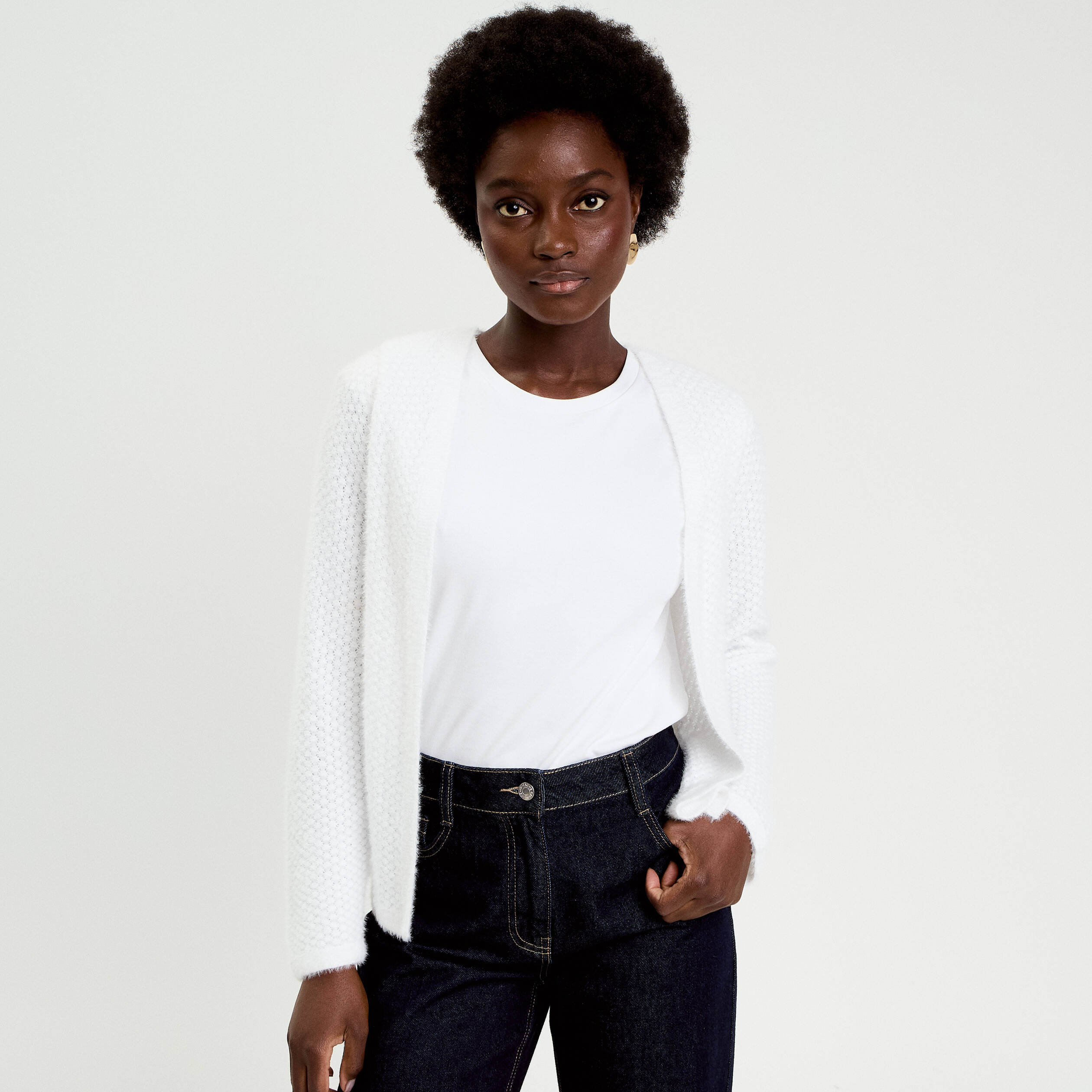 Gilet droit manches longues ecru femme