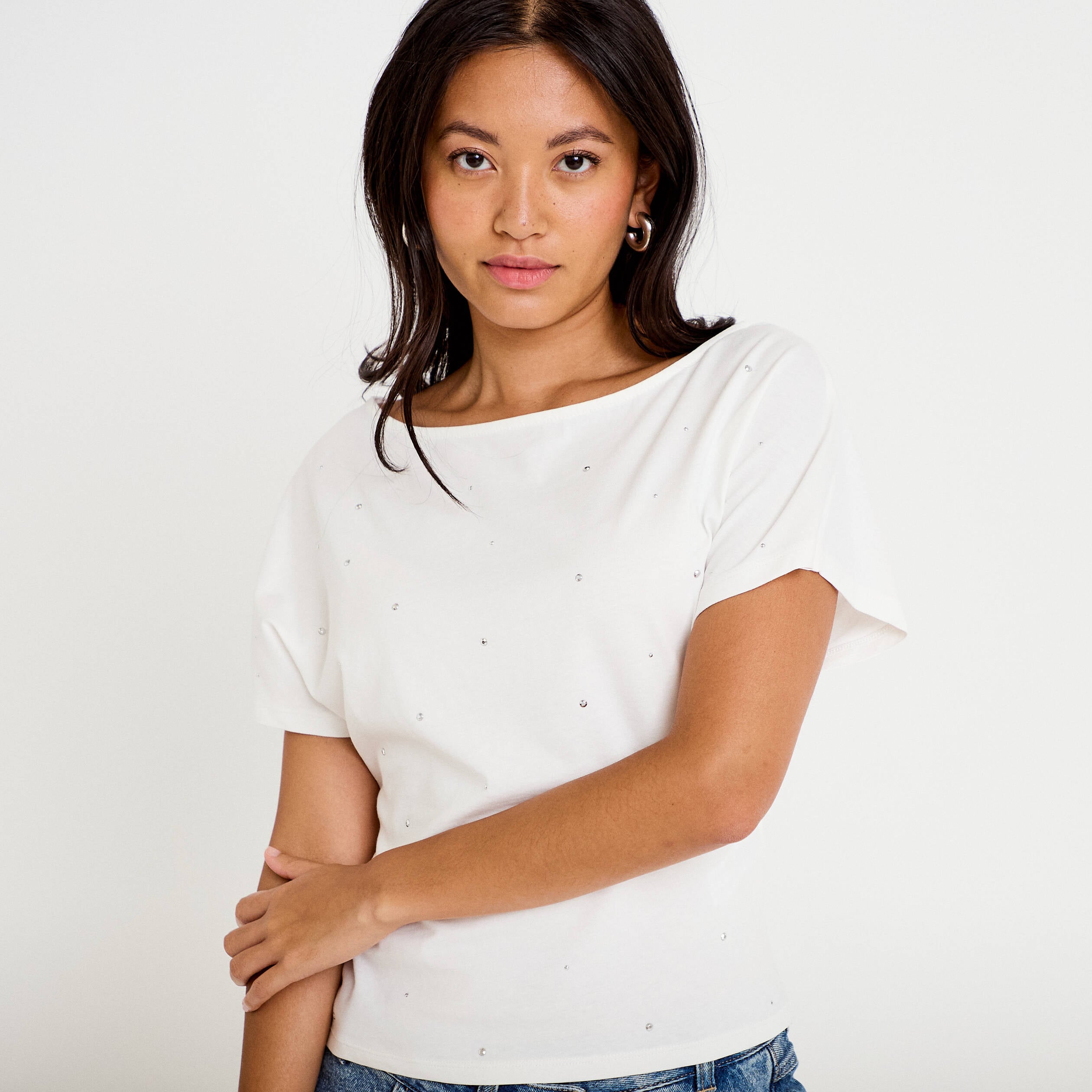 T-shirt col bateau manches courtes ecru femme