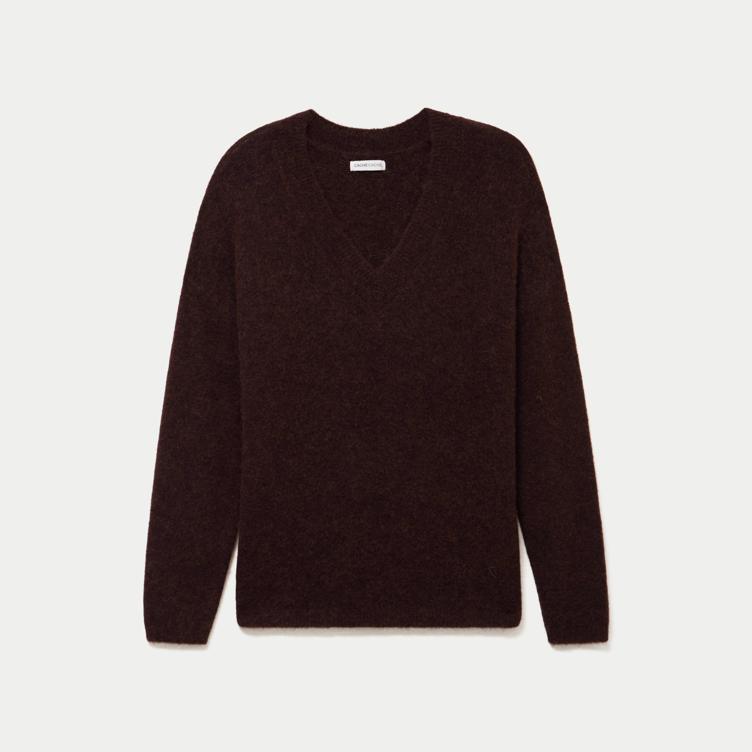 Pull col v manches longues marron fonc&eacute; femme