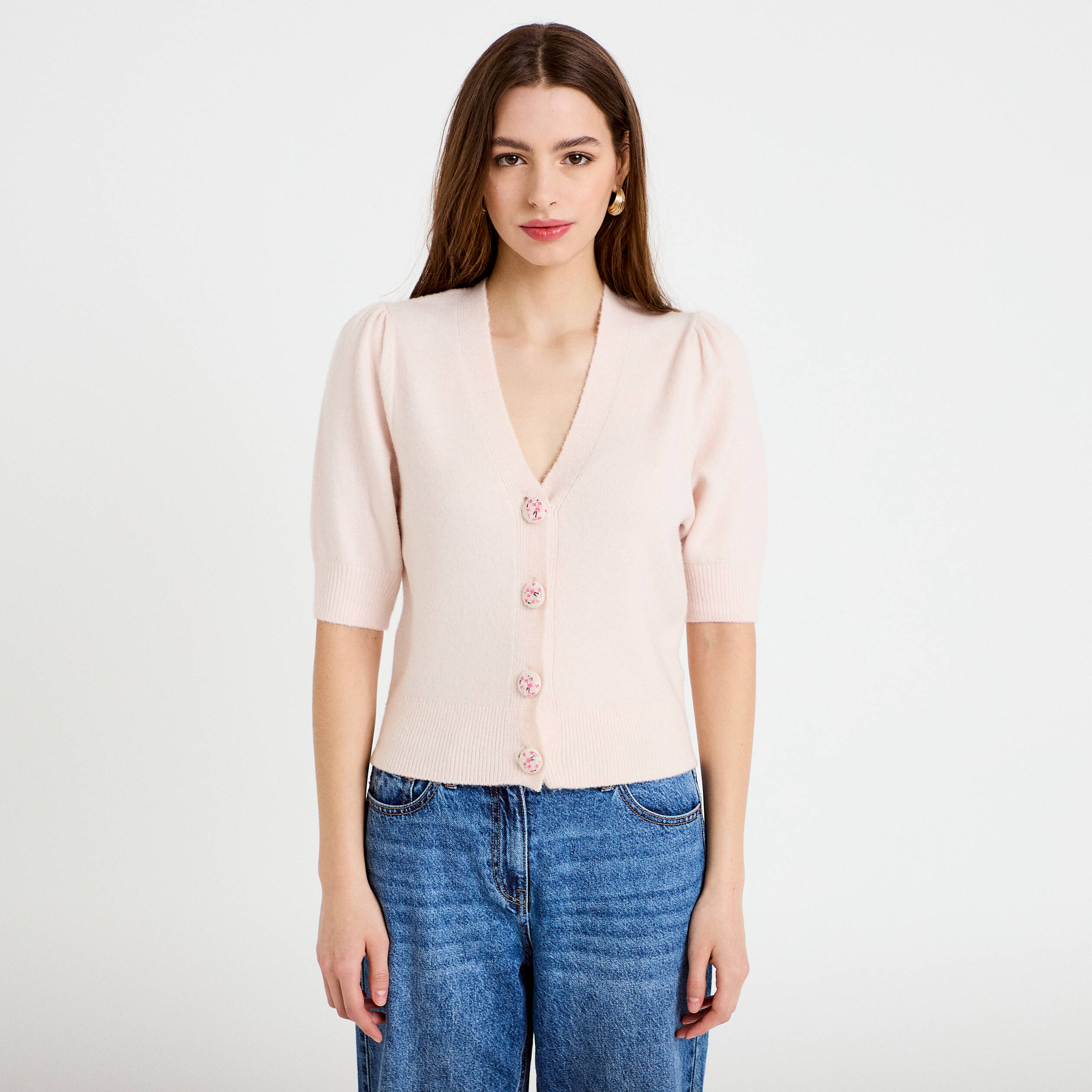 Pull manches courtes boutons brod&eacute;s rose clair femme